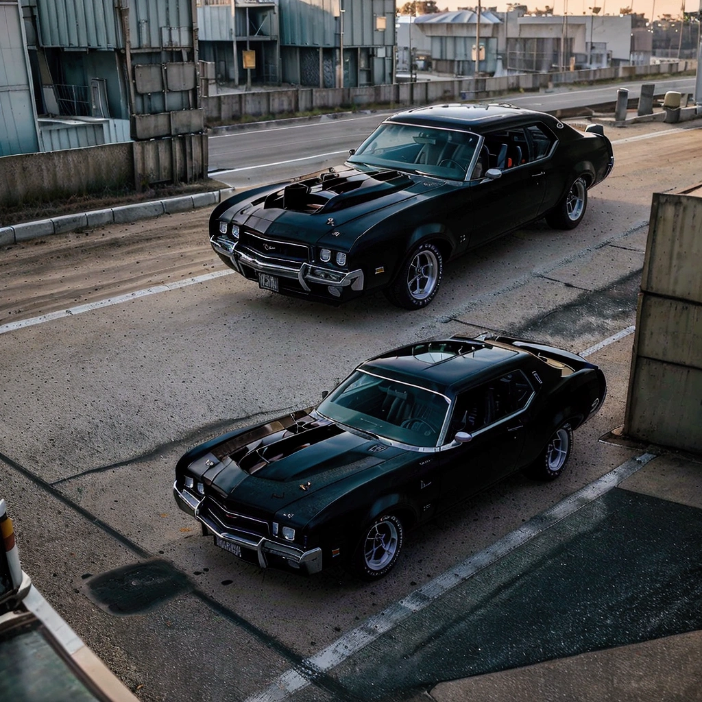 Picture in 3D. Oldsmobile 442 car. color black. two white stripes in the middle. Moves on the asphalt of the highway.