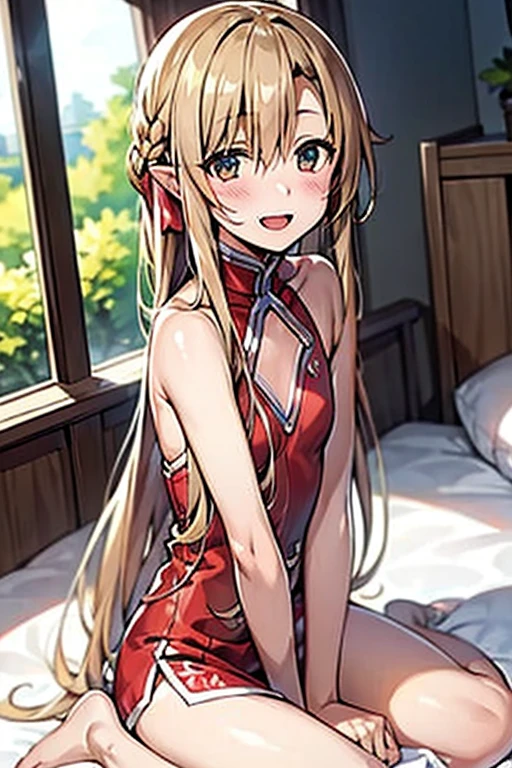 ((Best Quality)), ((masterpiece)), (be familiar with), Perfect Face, indoor, bedroom, Watching the audience,
One woman, Yuuki Asuna,
Open Mouth, Ecstatic expression, blush, smile,
Small breasts, Flat Chest, , , child, Girl,
Long Hair, Long Hair,
Leg spread,