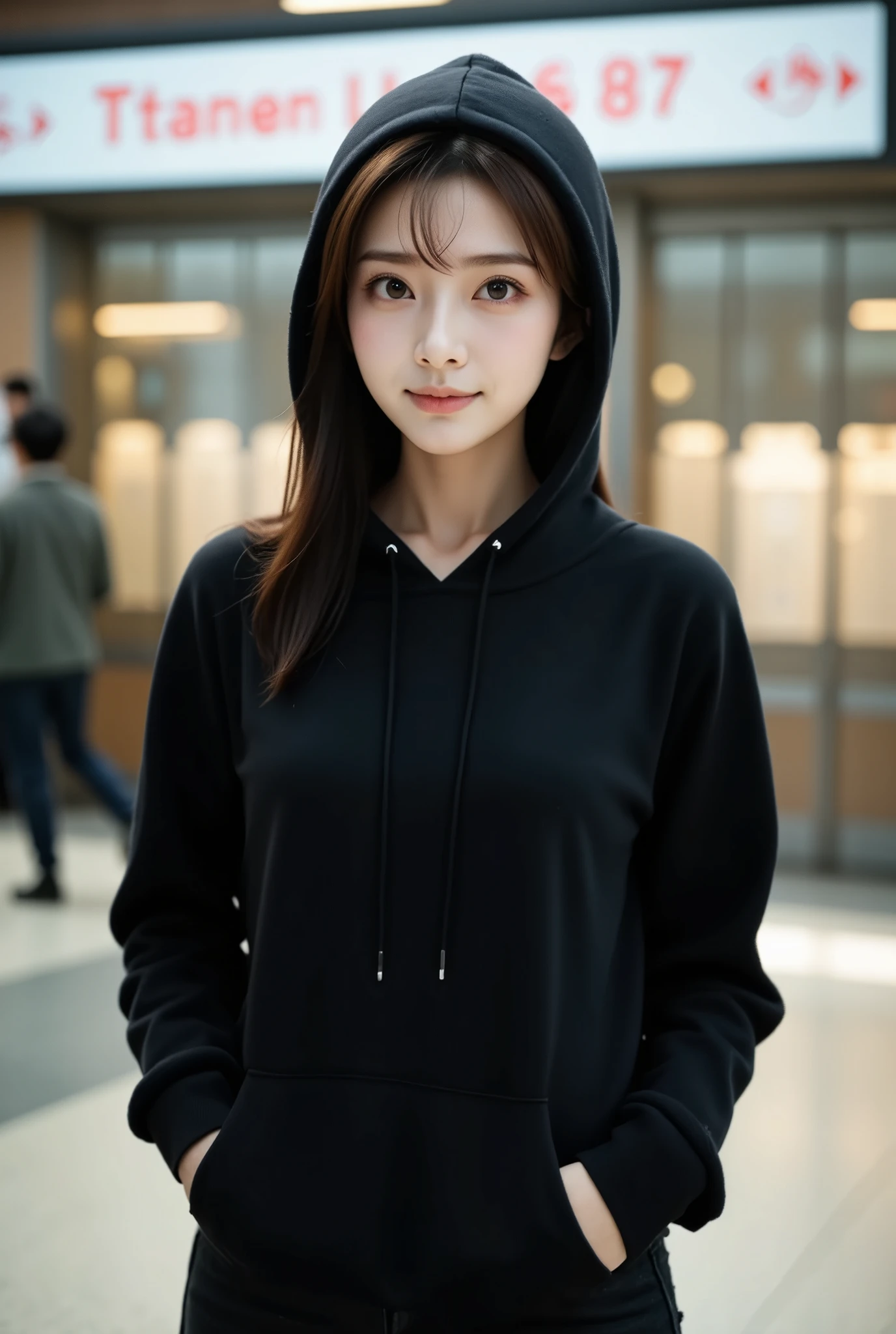 ((UHD)),A portrait photo of a cute East-Asian woman wearing a black hoodie with the hood up, both hands in her pockets, and black jeans. She is standing in front of a train station, smiling warmly. The hood covers her head, giving her a cozy and casual look. The background shows the station's entrance, with soft, natural light illuminating the scene, creating a friendly and inviting atmosphere.