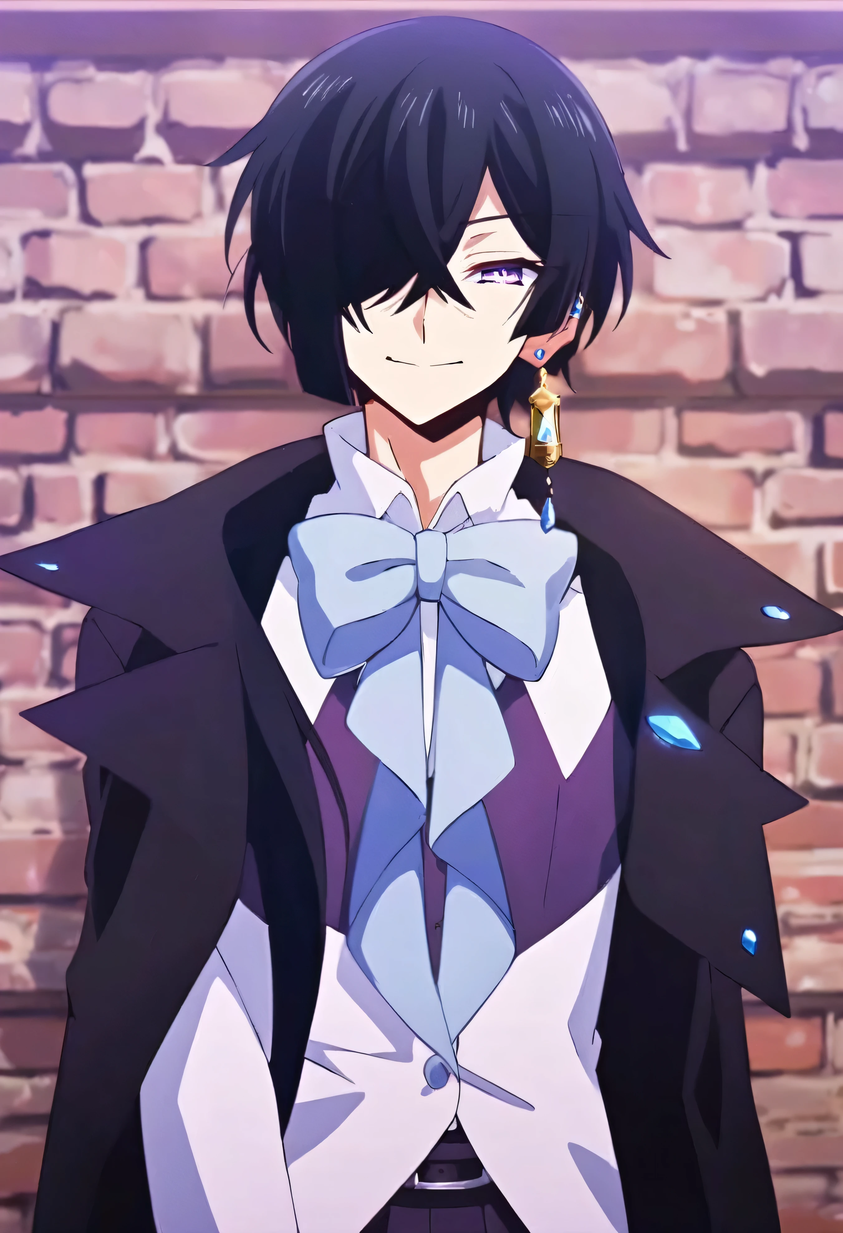 anime artwork Vanitas in a beatiful,solo,smile,looking at viewer,short hair,purple eyes,black hair,1boy,wear school uniform,jewelry,closed mouth,,upper body,male focus,earrings,,not wearing a tie,half-closed eyes,bowtie,hair over one eye,shadow,one eye covered,Was standing, and leaning against the wall,. anime style, key visual, vibrant, studio anime,  highly detailed