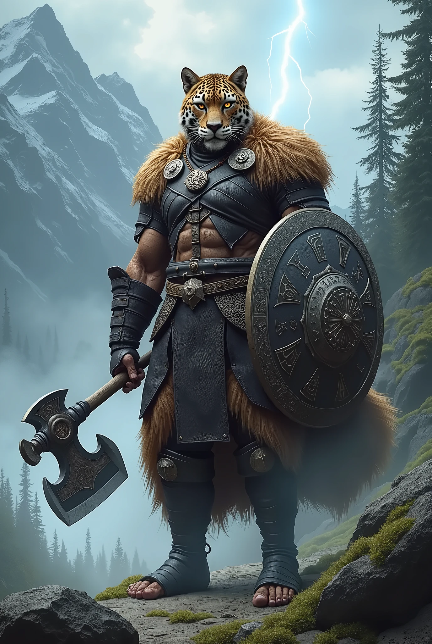 head、Animal cat face、A pair of dragon horns,Full body of fluffy white hair、Heavy breathing、Gnashing of teeth,Serious expression,Fluffy belly、Leather Armor,Viking style,wildcat、blue eyes,(contour)Full body covered with long white hair、Hairy body、Long and thick armpit hair、Fangs、4K,forest(sit on the floor,Leaning against a tree,Keep your feet naturally straight,Show your feet)Sharp claws、cover,HD,cover
