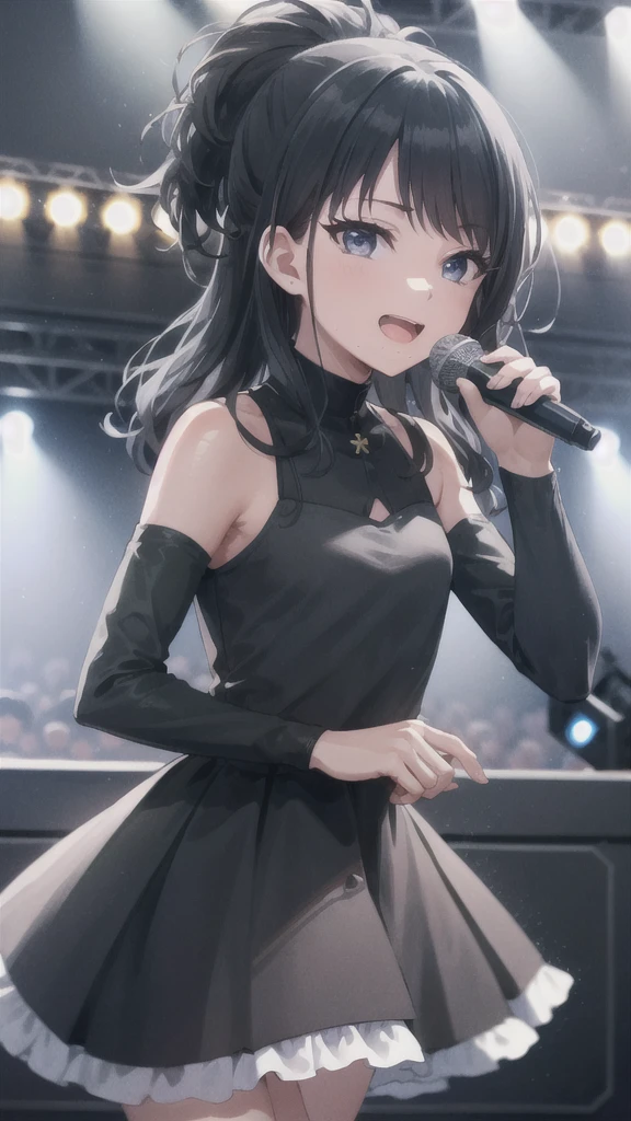 8k,best quality, highres,
happy, cowboy shot, looking at viewer, small breast,
hiori kazano, long hair, ponytail, half updo, hair ornament, frilled dress, bow, detached sleeves, holding, microphone, singing, indoors, stage lights, idol, (small crowd:1.5),
