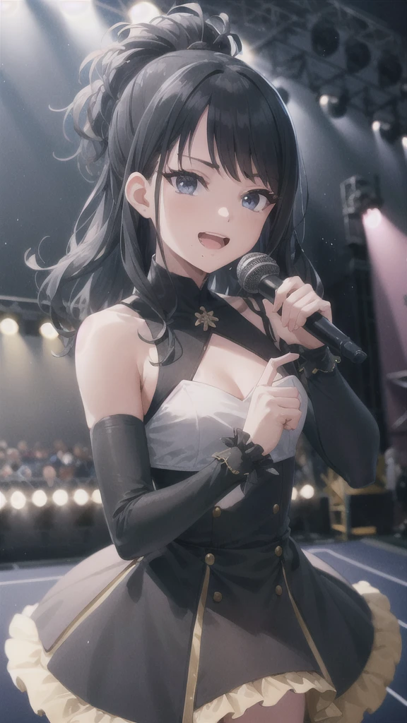 8k,best quality, highres,
happy, cowboy shot, looking at viewer, small breast,
hiori kazano, long hair, ponytail, half updo, hair ornament, frilled dress, bow, detached sleeves, holding, microphone, singing, indoors, stage lights, idol, (small crowd:1.5),
