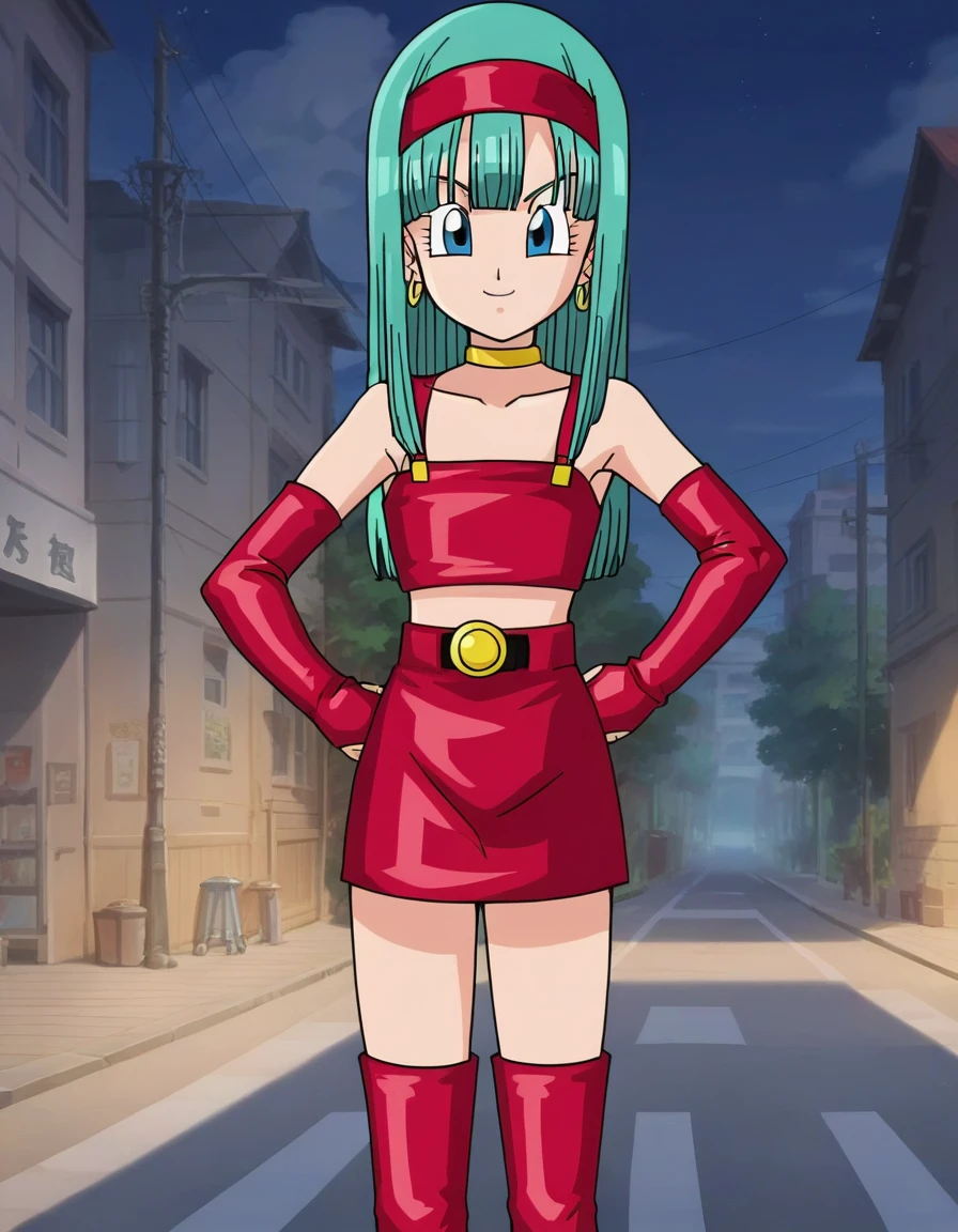 source_anime, score_9, score_8_up, score_7_up, anime screencap,
bulla, 1girl, solo, long hair, aqua hair, looking at viewer, smile, open mouth, bangs, collarbone, :d, outdoors, sky, cloud, night, bridal gauntlets, eyelashes, hoop earrings, eyebrows, miniskirt, bare shoulders, cloudy sky,, hairband, red hairband, earrings, blue eyes, elbow gloves, red gloves, fingerless gloves, crop top, red topwear, midriff, yellow belt, skirt, red skirt