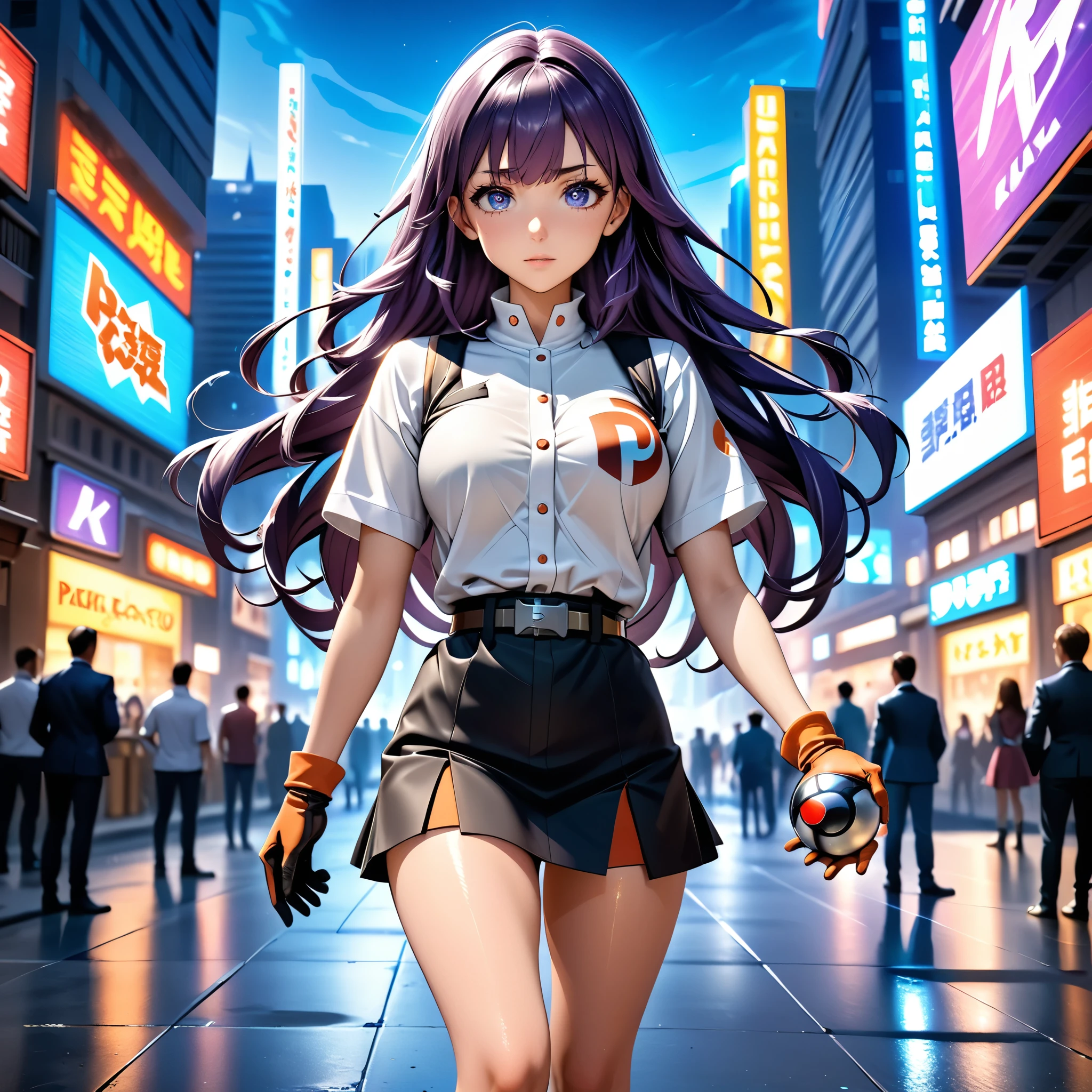 (masterpiece), (best quality), (ultra-detailed), intricate detail, athena97, 1girl, solo, purple eyes, purple hair, long hair, white earrings, red hairband, star hair ornament, medium breats, red vest, white turtleneck, white puffy sleeves, short sleeves, White pleated skirt, (Beige pantyhose:1.2), pantyhose, white gloves, White sneakers, detest, sunny, nsfw, cowboy shot, blurry background, street background, the whole body
