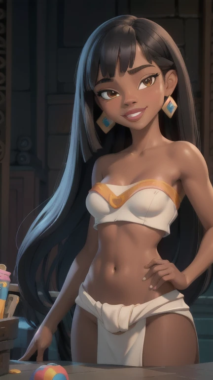 (masterpiece, best quality:1.2), 1girl, solo, chel_eldorado, cartoon, disney style, disney, young body, dark skin, medium breasts, tube top tight, exposed navel, soaking wet, reflective skin, wide eyes, wide hips, looking at viewer, transparent clothes, wet clothing, loin cloth, skin tight, standing, absurdly long hair, very long hair, bangs, (blunt bangs:1.1), lips, earrings, black eyes, brown eyes, dark-skinned female, (detailed, highres:1.2) disney animation style, clean details, soft features, looking at viewer, she's looking at the camera with a flirtatious smile
