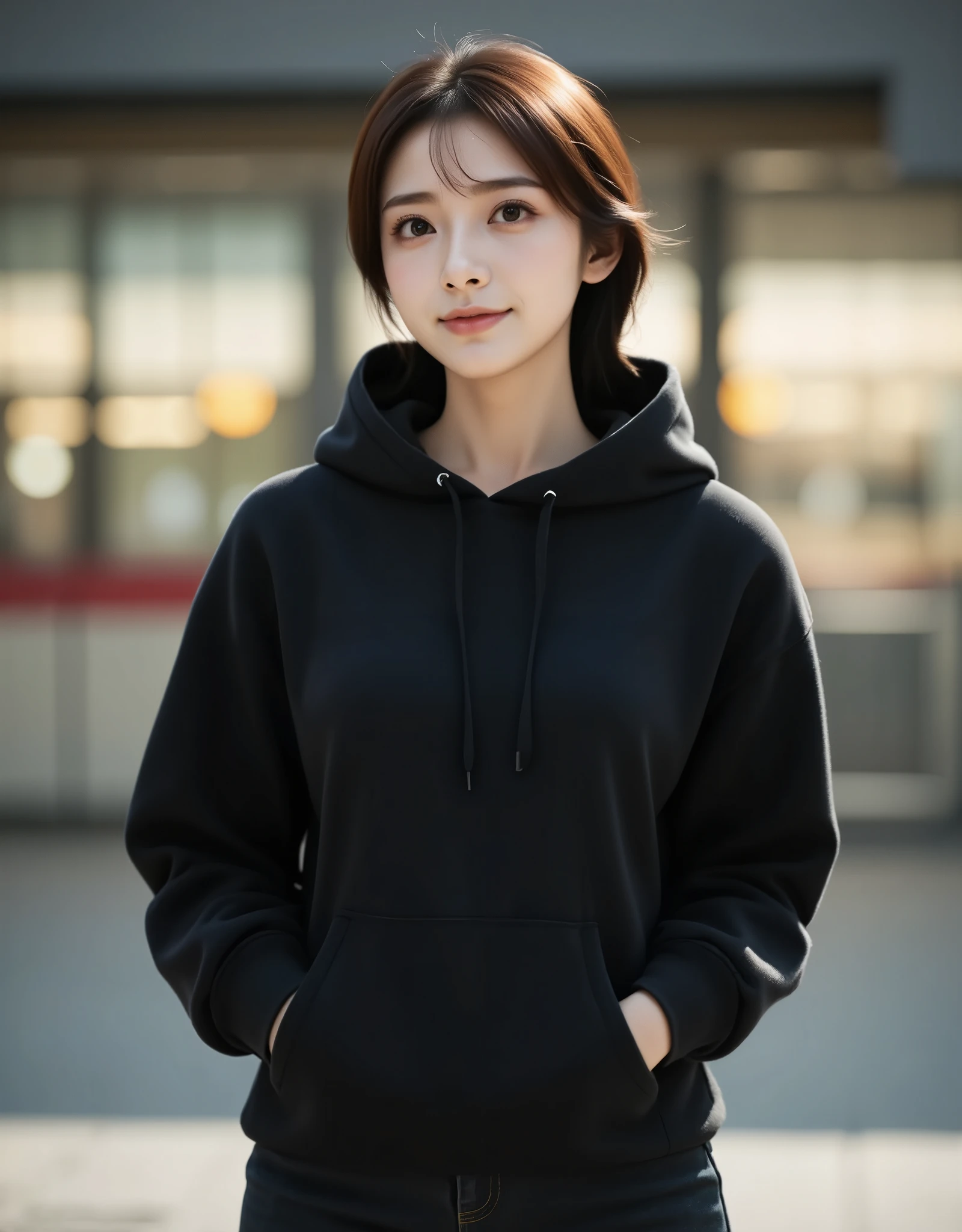 ((UHD)), A portrait photo of a cute East-Asian woman wearing a black hoodie with the hood up, both hands in her pockets, and black jeans. She is standing in front of a train station, smiling warmly. The hood covers her head, giving her a cozy and casual look. The background shows the station's entrance, with soft, natural light illuminating the scene, creating a friendly and inviting atmosphere.