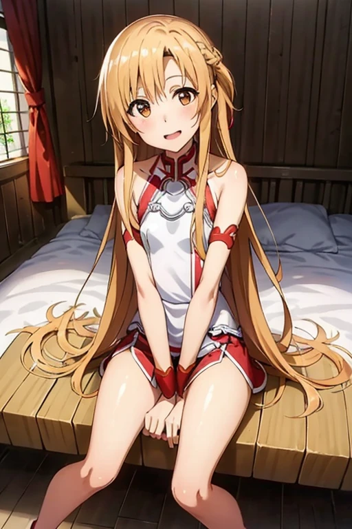 ((Highest quality)), ((masterpiece)), (be familiar with), Perfect Face, indoor, Bedroom, Watching the audience,
One woman, Yuuki Asuna,
Open Mouth, Ecstatic expression, blush, smile,
Small breasts, Flat Chest, , , , Girl,
Long Hair, Long Hair,
Leg spread,