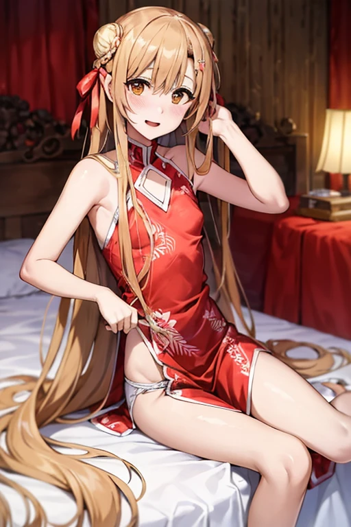 ((Best Quality)), ((masterpiece)), (be familiar with), Perfect Face, indoor, bedroom, Watching the audience,
One woman, Yuuki Asuna,
Open Mouth, Ecstatic expression, blush, smile,
Small breasts, Flat Chest, , , child, Girl,
Long Hair, Long Hair,
Leg spread,