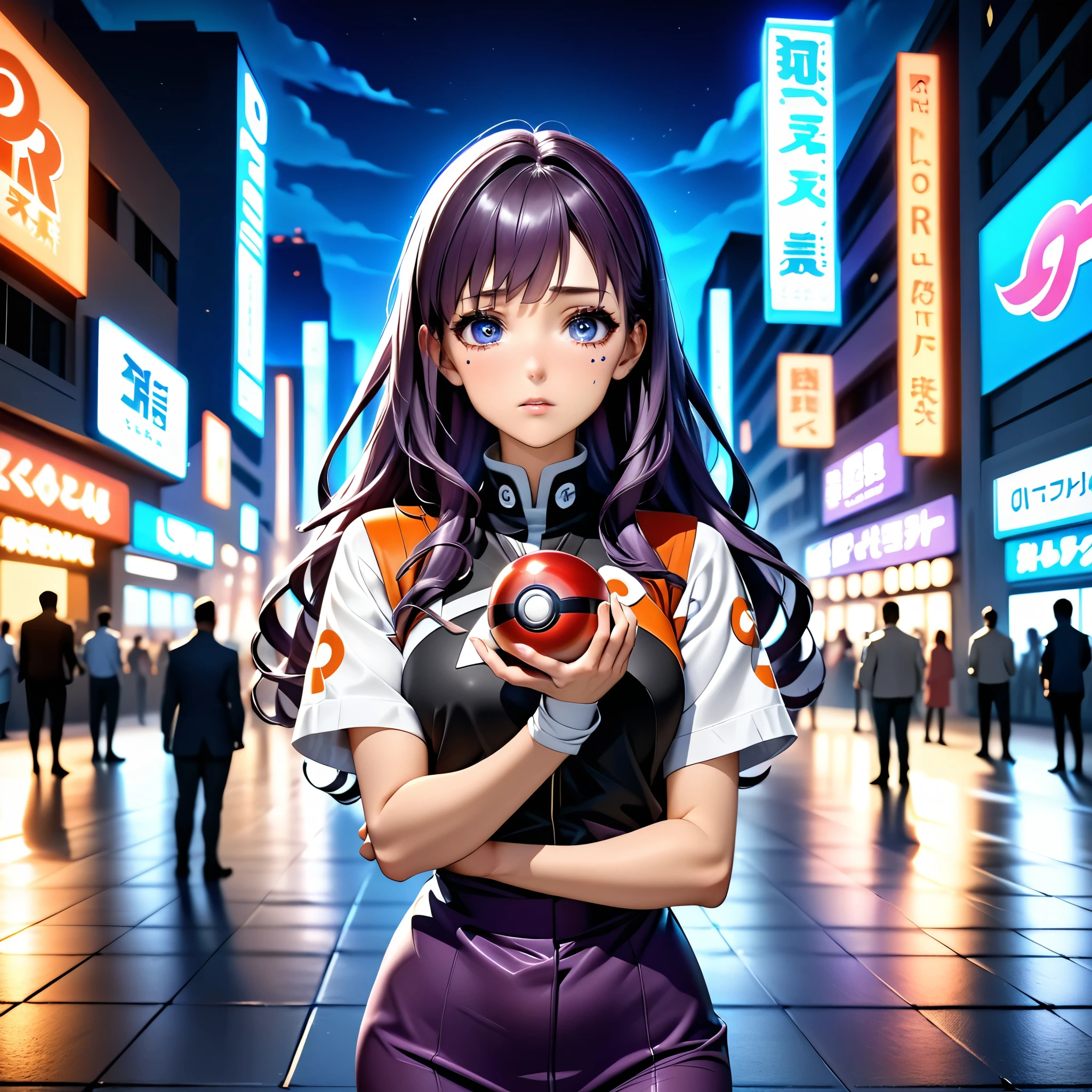 Masterpiece, 4k, HDR, full HD, (best quality), (ultra detailed), (only), (extremely delicate and beautiful fabric), super complex ANIME TYPE, best quality, 1girl, very expressive eyes, deep purple hair , hyper beautiful face, purple hair, perfect anatomy, shiny, oily skin, full body, alone (shiny purple hair, long hair), looking at viewer, bright blue eyes, perfect hands, perfect legs, super detailed clothes, intricate clothes, The girl's outfit is the Pokémon Team Rocket uniform. Standing in a city at night, with illuminated buildings in the background, look at the horizon. In one hand she holds a Pokéball, ready to execute some evil plan.