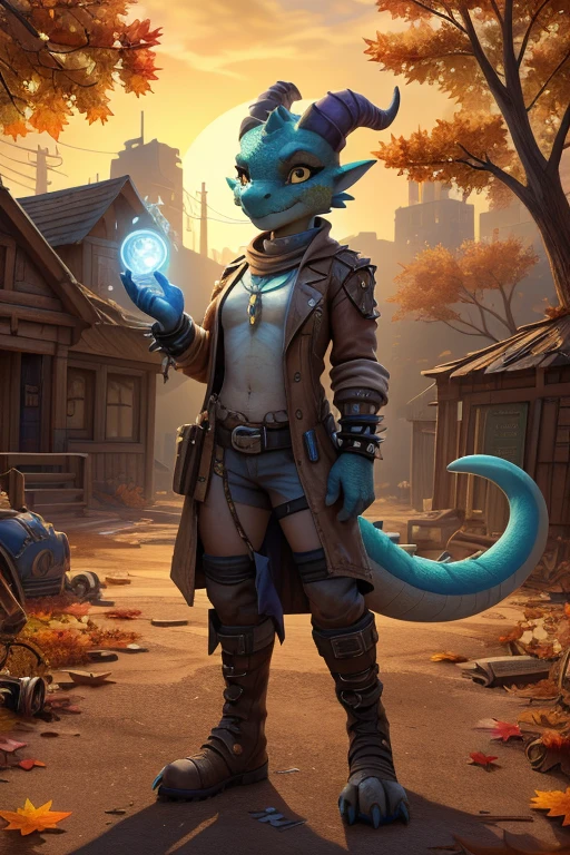 hi-res, good graphics, great anatomy, anatomically correct, detailed body, solo. Cleo (female, age: 26, kobold(anthro/furry), Doctor/Healer, Body enhance(ing) talent/magic, sexuality: pan, from Widcosing (county in Autumn), random fact: have broken 5 bones),  punk/grudge/postapocalyptic clothing