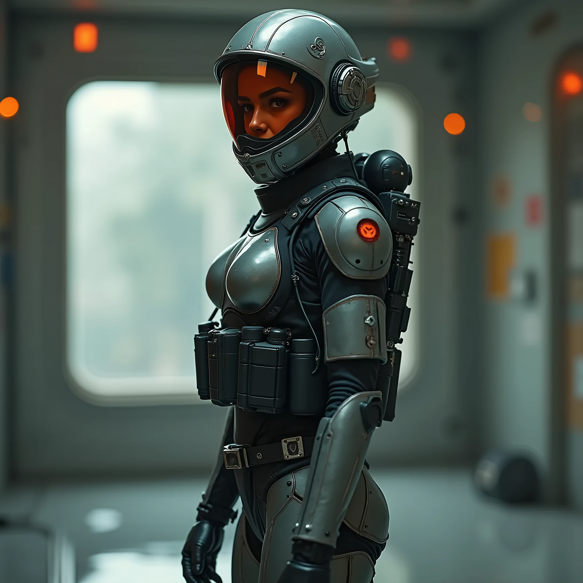 A still from a film showing a female mech pilot standing in front of her (Large combat mech:1.3), Sci-Fi Armor, military base, Strong winds, Sci-fi helmet in hand, visor, Detailed eyes, dry skin, Skin fuzz, Visible skin hair, Skin blemishes ,, Shallow depth of field, Vignette, Very detailed, big budget hollywood movie, Bokeh, CinemaScope, Sulky, amazing, nice, Film Grain