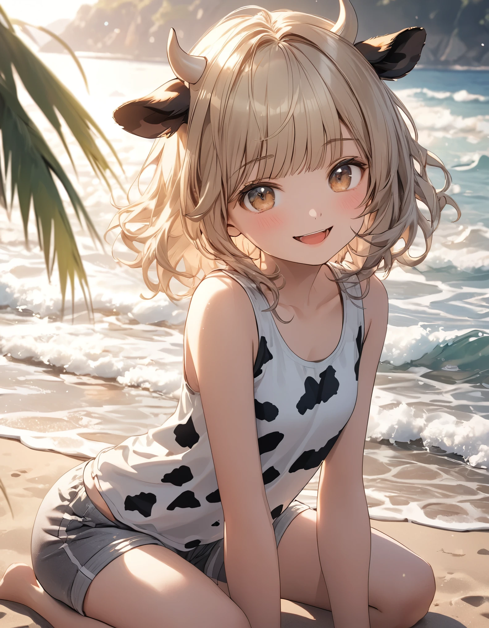 ((Masterpiece)), ((best quality)), (Anime:1.4), (super detail:1.2), (High Definition:1.3), (Professional Photography:1.3), (wide shot), (sharp focus), (perfect light), from side, (()), ((1girl)), ((wearing zebra-patterned tanktop)), fluffy shorts, cinematic lighting, Textured skin, messy hair, (loose blunt bangs), teenage girlalthy stomach, (Healthy slim body), small breasts, cute eyes, ((naughty face)), (open mouth), (put on zebra ears), pale brown hair, Cute Beautiful girl, Thin accessories, ((Sitting in the Spacious kitchen)), 