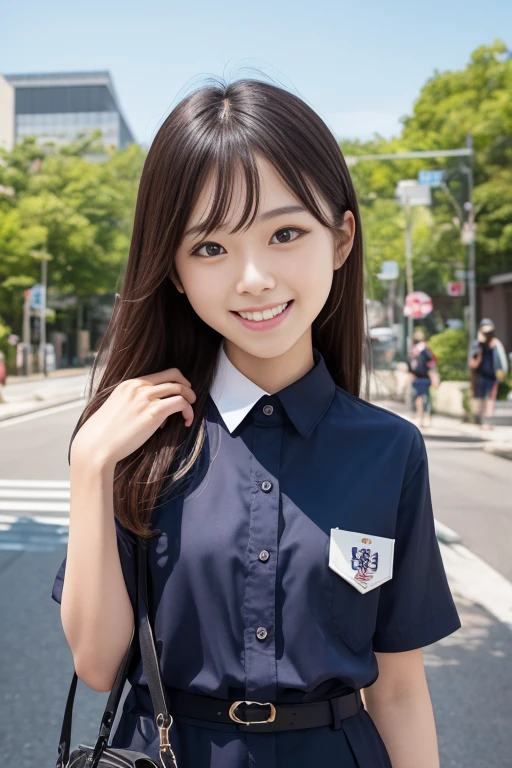 (8K, RAW Photos, Highest quality, masterpiece:1.2), (Realistic, Photorealistic:1.37), (((cowboy shot))), Super detailed, Ultra High Resolution, ((Solo girl, 16 years old)), ((Red checkered bow tie, white dress shirt, blue pleated skirt)), Japanese Student Model, Looking into the camera, Beautifully detailed face, A kind smile, (cute:1.2), narrow, (Slim waist:1.3)