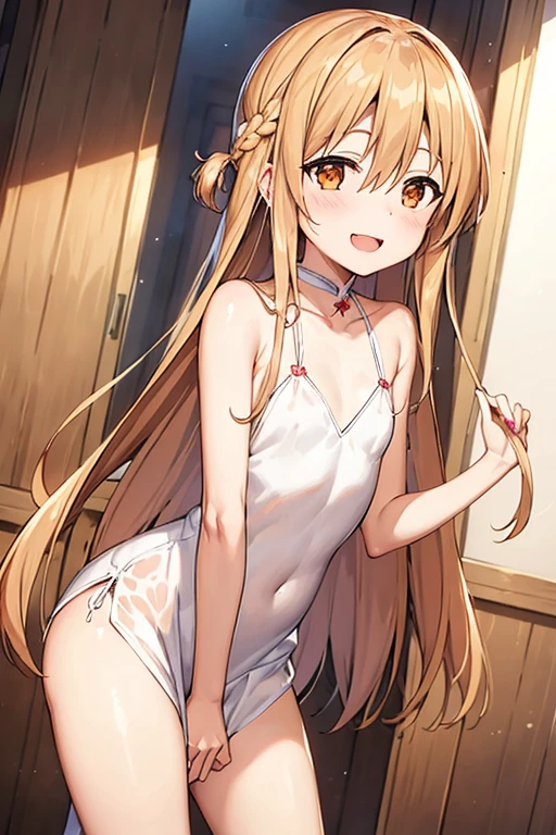 ((Best Quality)), ((masterpiece)), (be familiar with), Perfect Face, indoor, bedroom, Watching the audience,
One woman, Yuuki Asuna,
Open Mouth, Ecstatic expression, blush, smile,
Small breasts, Flat Chest, , , child, Girl,
Long Hair, Long Hair,
Leg spread,