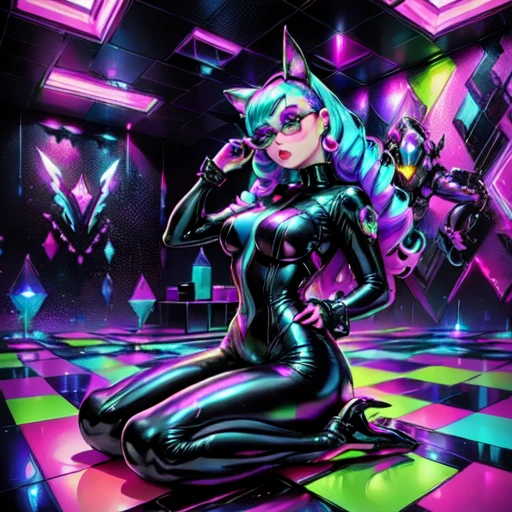 araffe in a black latex suit sitting on a colorful cube, inspired by David LaChapelle, glitchpunk girl, cyber universe style, cyberpunk glossy latex suit, alice in wonderland cyberpunk, futuristic glossy latex suit, bold rave outfit, in cyberpunk style, neon light and fantasy, doja cat, 8 0's airbrush aesthetic, cyber punk setting