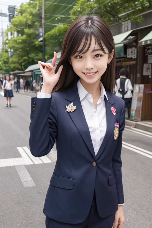 waving, slender legs, ponytail, unparalleled beauty, cute face, best smile, cute smile, frontal, slender, straight hair, school, ulzzang-6500-v1.1, (raw photo: 1.2), (photorealistic: 1.4), beautiful detailed girl, very detailed eyes and face, beautiful detailed eyes, huge file size, high resolution, very detailed, best quality, masterpiece, (( Japan Girls' High School Uniform)), very detailed, CG, 8k wallpaper, fantastic, fine detail, top quality, highly detailed CG uniform, light on face, movie lighting, 16 year old girl,