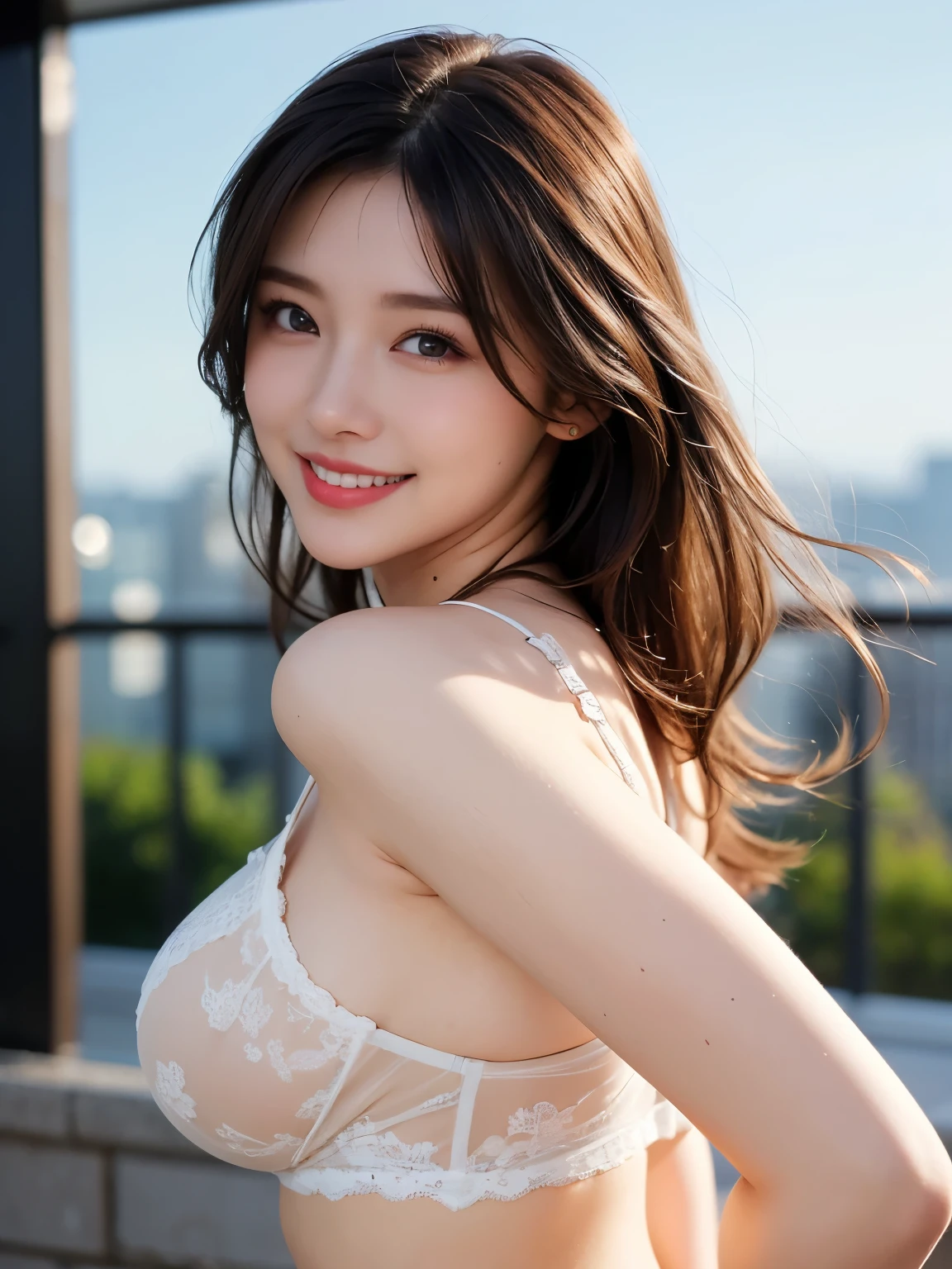 (Realistic, High quality, RAW Photos), natural light:1.3, soft light, Beautiful face, happy face, Glamorous Body, cute eyes, Large breasts:1.3, Brown eyes:1.2, random hair style, cloudiness day, Beautifully designed lingerie, random colored lingerie, dynamic pose, looling at viewer, dynamic angle
