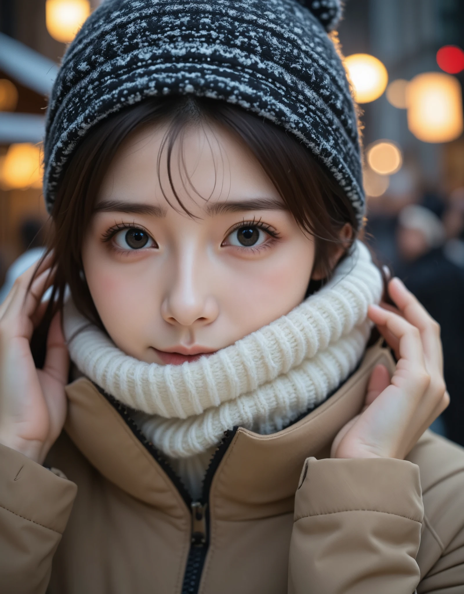 Wearing a black and white  knit ski hat, Light gold wavy hair, Bluish eyes, east Asian Girl, Beautiful girl even without makeup, Pale red cheeks, Smile shyly, raising the corners of one&#39;s mouth, White scarf wrapped around neck, Light brown winter clothing with a stand-up collar, He exhales coldly, white sighs, Look up at the audience, ((Girl photographed from above)), ((Grabbing the scarf with both hands to hide the mouth)), Street lights are on The lit-up streetscape, Snow-covered cold street, (best quality,4K,8k,highres,masterpiece:1.2),ultra-detailed,(realistic,photorealistic,photo-realistic:1.37),soft lighting, warm color tones, winter scene, detailed street, cinematic lighting, beautiful girl portrait