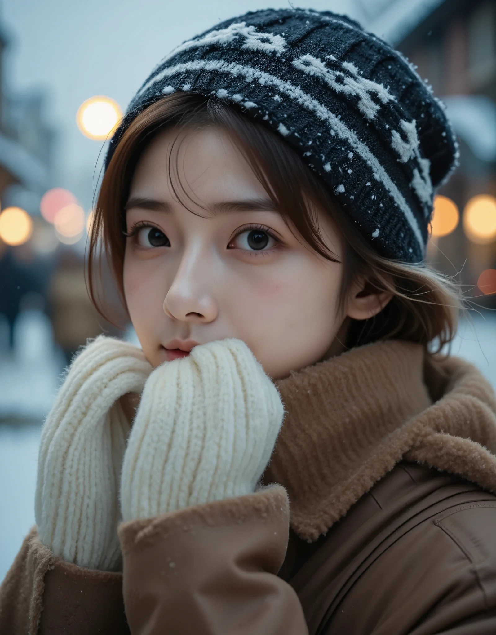 Wearing a black and white  knit ski hat, Light gold wavy hair, Bluish eyes, east Asian Girl, Beautiful girl even without makeup, Pale red cheeks, Smile shyly, raising the corners of one&#39;s mouth, White scarf wrapped around neck, Light brown winter clothing with a stand-up collar, He exhales coldly, white sighs, Look up at the audience, ((Girl photographed from above)), ((Grabbing the scarf with both hands to hide the mouth)), Street lights are on The lit-up streetscape, Snow-covered cold street, (best quality,4K,8k,highres,masterpiece:1.2),ultra-detailed,(realistic,photorealistic,photo-realistic:1.37),soft lighting, warm color tones, winter scene, detailed street, cinematic lighting, beautiful girl portrait, ((foggy))