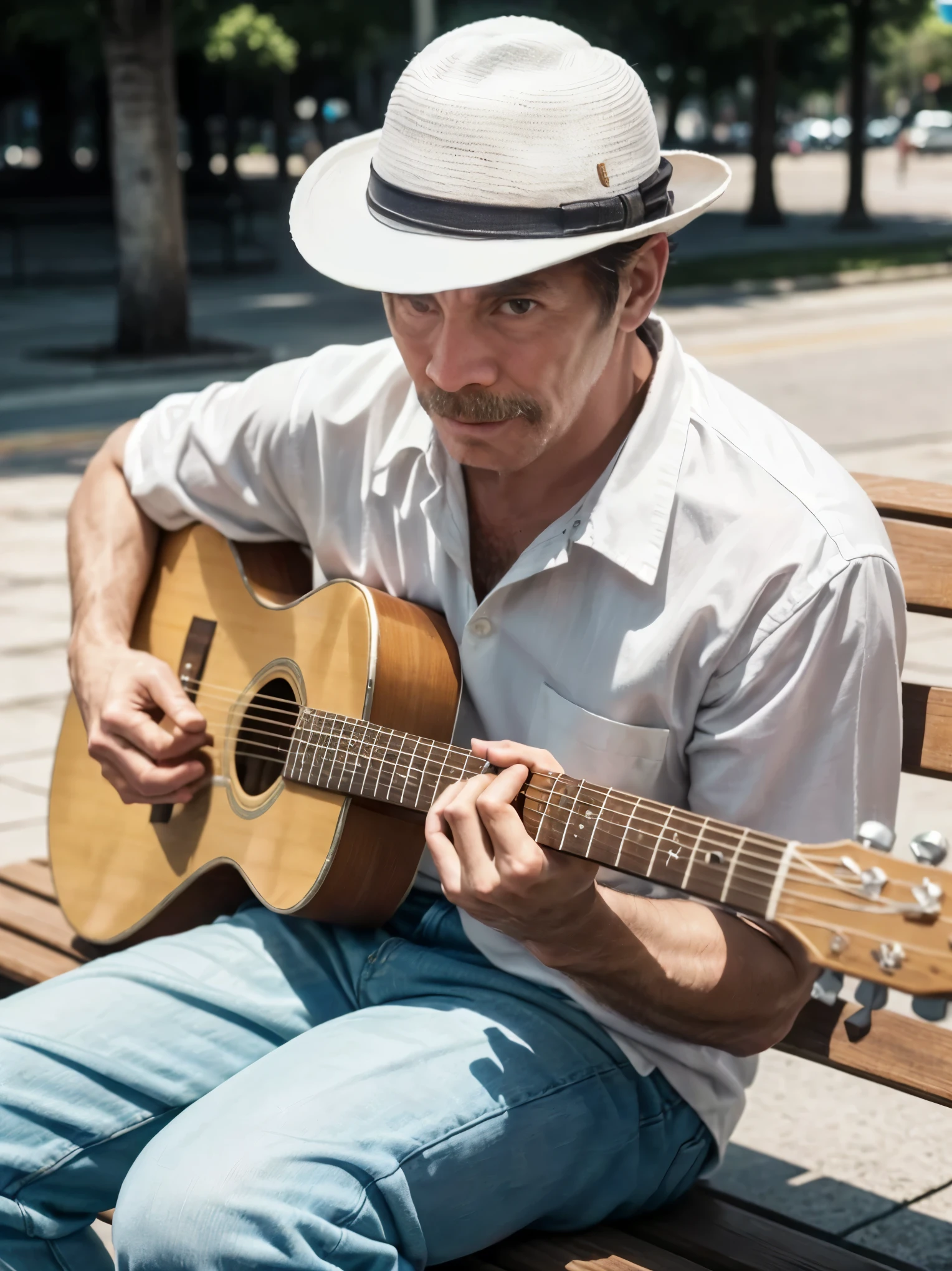 arafed man sitting on a bench playing a guitar, man playing guitar, playing a guitar, musician, the guitar player, playing the guitar, guitarist, playing guitar, singer songwriter, the music guy, ed o'brien (guitar), singer - songwriter, music being played, wearing a straw hat and overalls, inspired by James Bard, carrying a guitar, seu madruga, don ramon