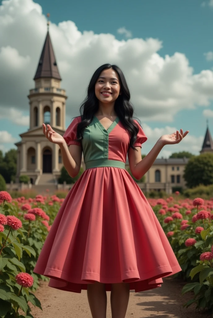 masterpiece photo of a dark-haired full-length sorceress with green eyes dressed in a magical watermelon dress actively says something while gesticulating, a cheerful facial expression, blush, interesting dynamic pose, against the background of college of magic, a rich blue sky with clouds, a lot of vegetation, bright colors, intricate bizarre color combinations