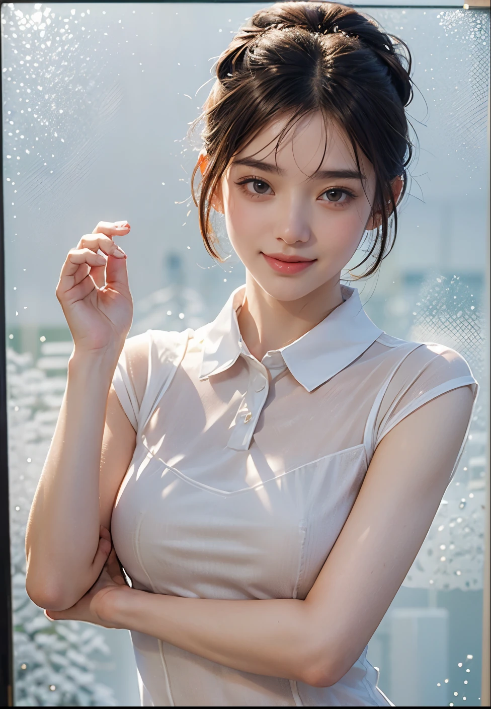 (in 8K,Raw photography,top-quality,masterpiece:1.2),(realisitic,Photorealsitic:1.3),Half Japan and half Korean,23years old,The most beautiful women,((fully body photo)),swimming pools,((Wet body:1.2)),((sexy pose)),natural soft light,photon maping,Fine face,(Pretty and adorable face), cute natural anime face, Extremely beautiful face,Long wavy hair,Detail Face,Detailed lips,detailedeyes,More skin,(beautiful and massive breasts:1.5),((no-bra)),((hiding chest with hands:1.3)),((White Wet Front Full Open Shirt:1.5)),Sheer panties,The shape of small and beautiful nipples is clearly visible.,(camel's toe),(Pubic hair is see-through),perfectbody,Toned waist,shinny skin,((sunburn marks on swimwear)),haunting smile