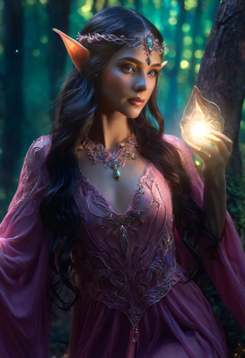 a delicate fantasy elf mage, beautiful detailed pink dress, long wavy black hair, porcelain skin, intricate decorative details, ethereal, glowing magical aura, detailed facial features, elegant posture, fantasy forest background, warm lighting, vibrant colors, (best quality,4k,8k,highres,masterpiece:1.2),ultra-detailed,(realistic,photorealistic,photo-realistic:1.37)