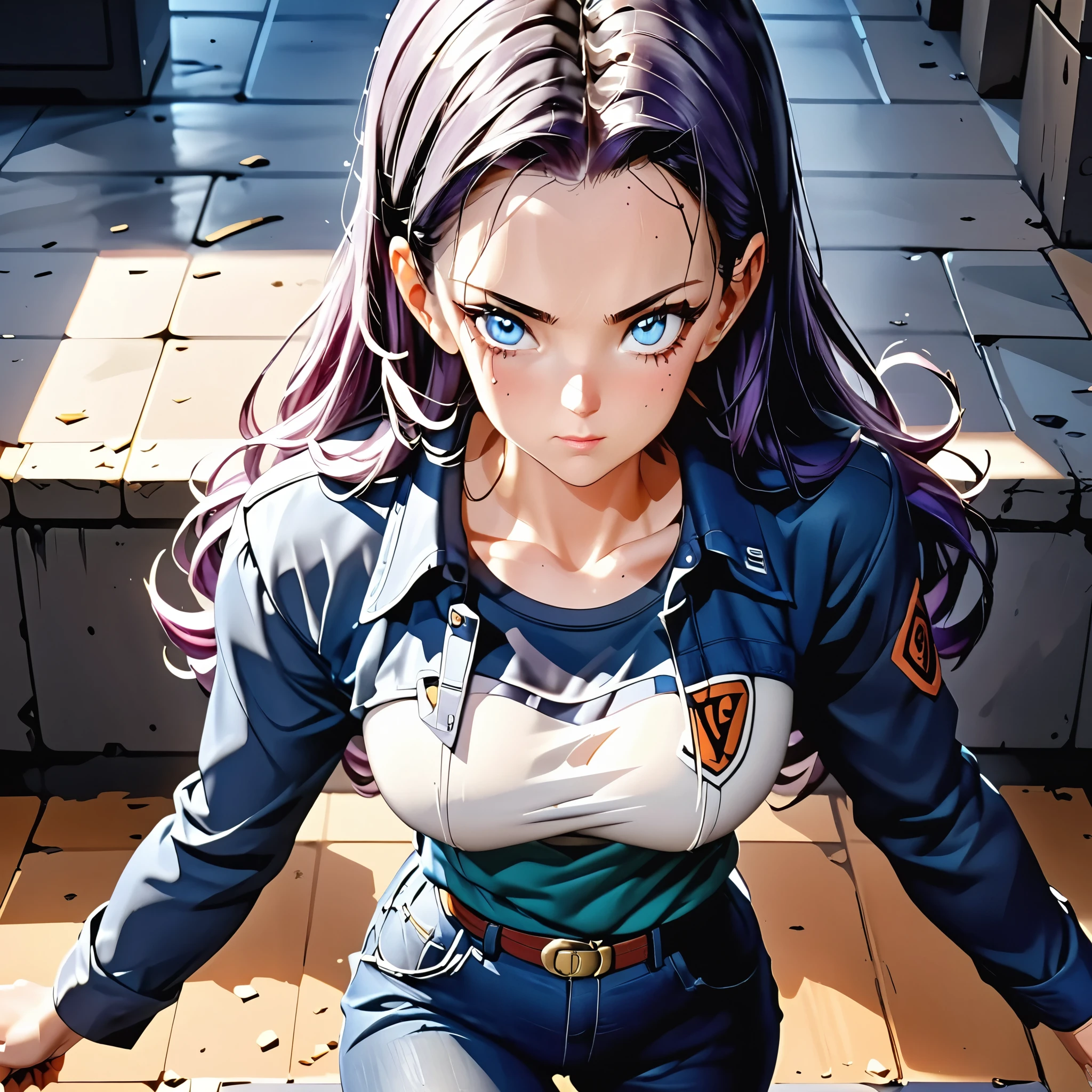 Masterpiece, 4k, HDR, full HD, (best quality), (ultra detailed), (only), (extremely delicate and beautiful fabric), super complex ANIME TYPE, best quality, 1girl, very expressive eyes, deep purple hair , hyper beautiful face, purple hair, perfect anatomy, shiny, oily skin, full body, alone (shiny purple hair, long hair), looking at viewer, bright blue eyes, perfect hands, perfect legs, super detailed clothes, intricate clothes, A young woman dressed in the typical outfit of Android 18 from Dragon Ball. He wears a tight blue long-sleeved t-shirt, with dark jeans and a jean jacket. Her short, straight purple hair falls over her shoulders, while her gaze is determined and confident. Add details like a black belt that highlights your figure and black combat boots. The scene suggests a battle atmosphere, capturing the essence of the character. Use an art style that combines realism and anime.