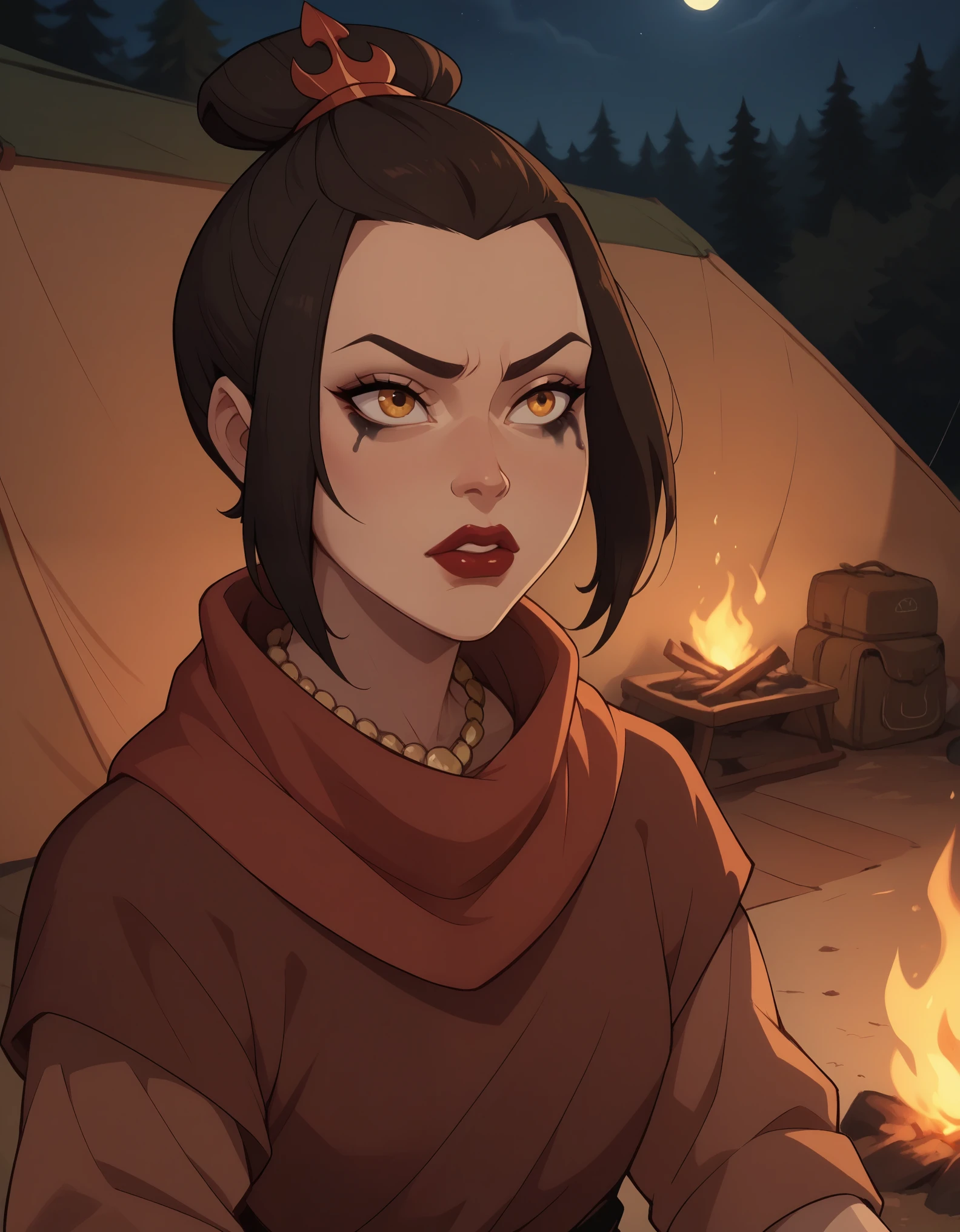 Azula. black mascara and red lipstick.  wavy dark brown hair down to the middle of the back with two additional strands above the shoulders. amber eyes. necklace. camp. tent. fire. night. breeches. undershirt. red scarf