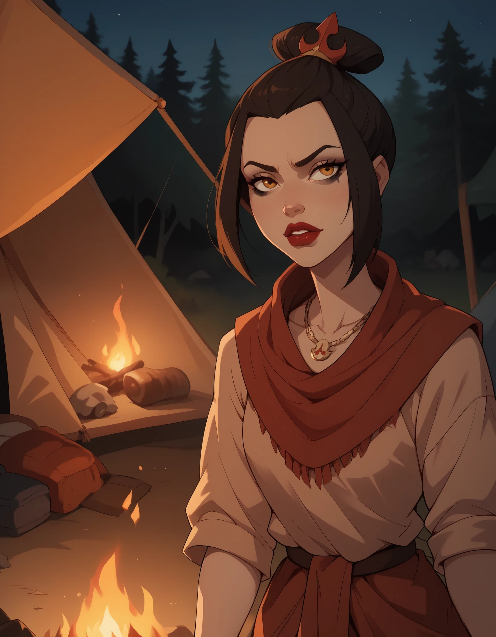 Azula. black mascara and red lipstick.  wavy dark brown hair down to the middle of the back with two additional strands above the shoulders. amber eyes. necklace. camp. tent. fire. night. breeches. undershirt. red scarf