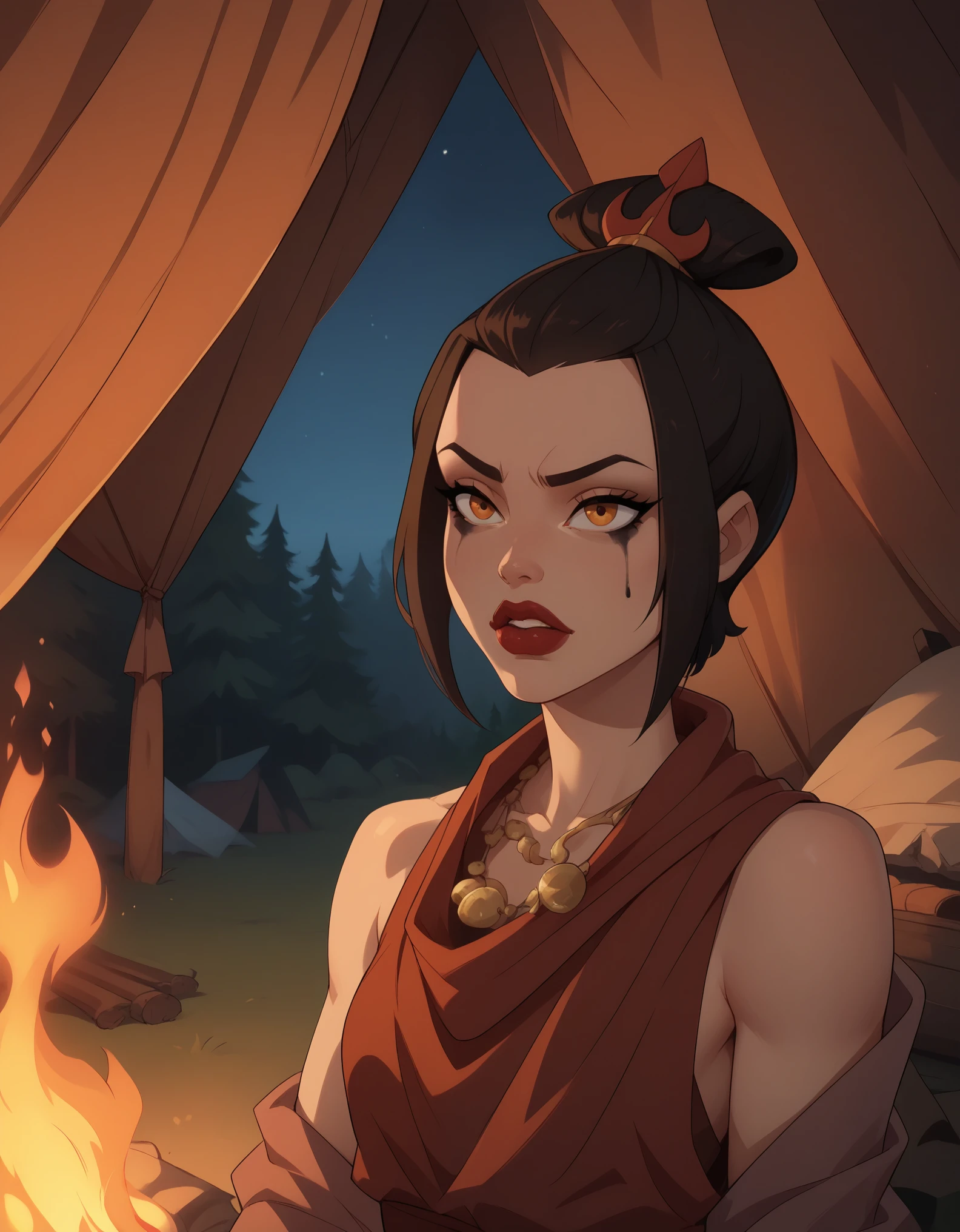 Azula. black mascara and red lipstick.  wavy dark brown hair down to the middle of the back with two additional strands above the shoulders. amber eyes. necklace. camp. tent. fire. night. breeches. undershirt. red scarf