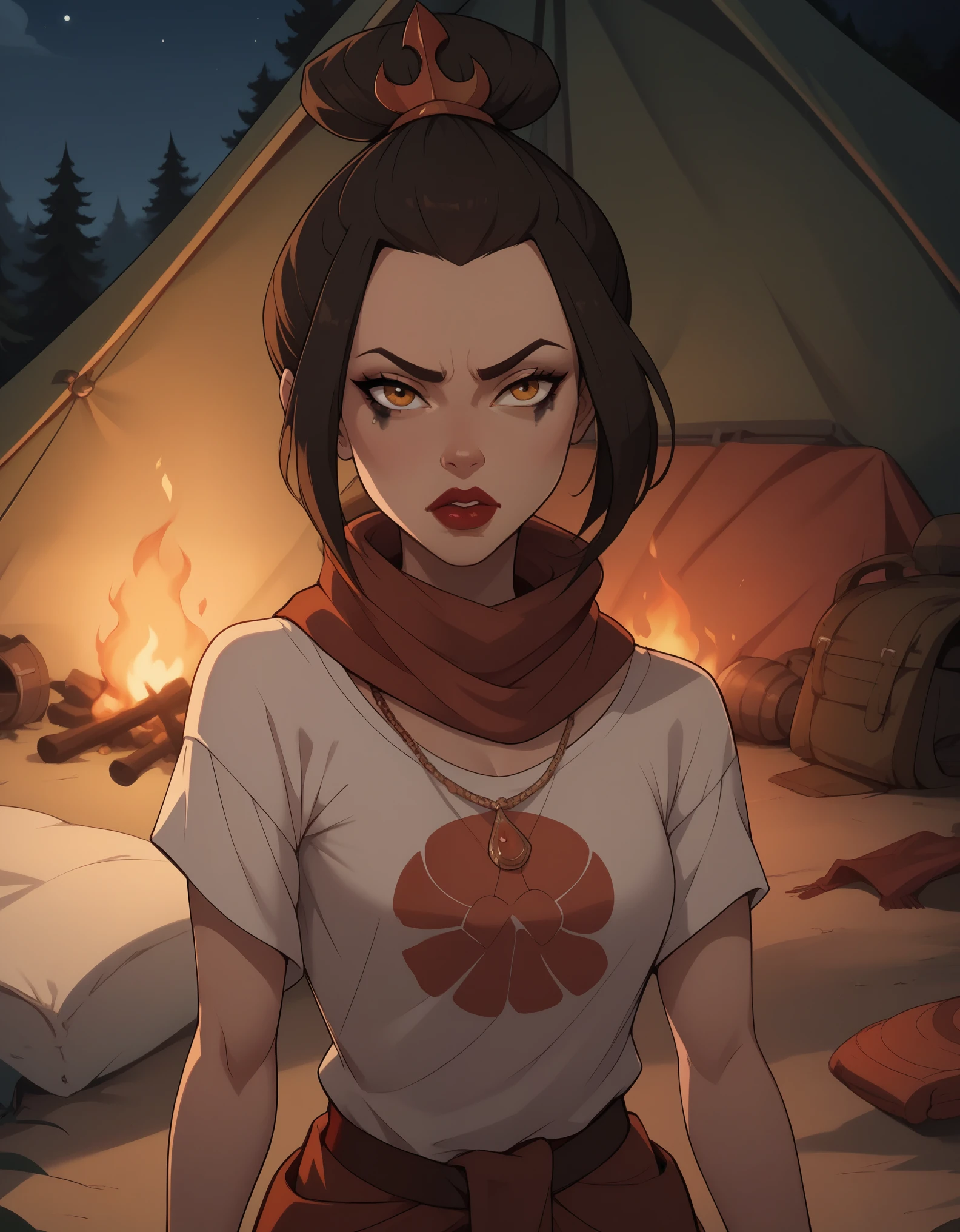 Azula. black mascara and red lipstick.  wavy dark brown hair down to the middle of the back with two additional strands above the shoulders. amber eyes. necklace. camp. tent. fire. night. breeches. undershirt. red scarf