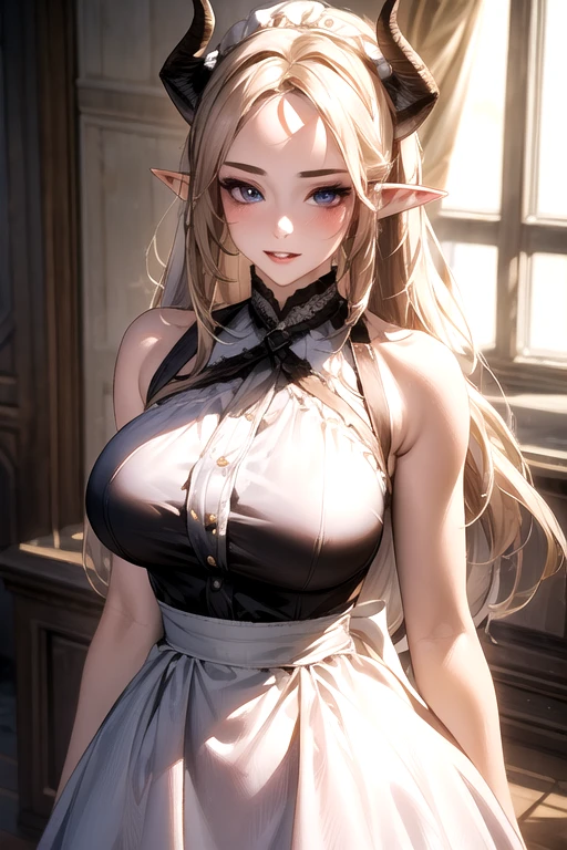 ((best quality)), ((Masterpiece)), (details:1.4), ((Enrich the picture，Masterpiece level quality)), Beautiful 8K CG artwork, 3d, HDR (high dynamic range), ne female adult elf with demon horns and dark blonde long hair and visible forehead wearing a beautiful maid dress, maid attire, maid dress, full body, adult face, forehead, beautiful maid dress, detailed maid dress