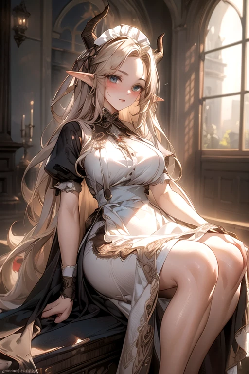 ((best quality)), ((Masterpiece)), (details:1.4), ((Enrich the picture，Masterpiece level quality)), Beautiful 8K CG artwork, 3d, HDR (high dynamic range), ne female adult elf with demon horns and dark blonde long hair and visible forehead wearing a beautiful maid dress, maid attire, maid dress, full body, adult face, forehead, beautiful maid dress, detailed maid dress