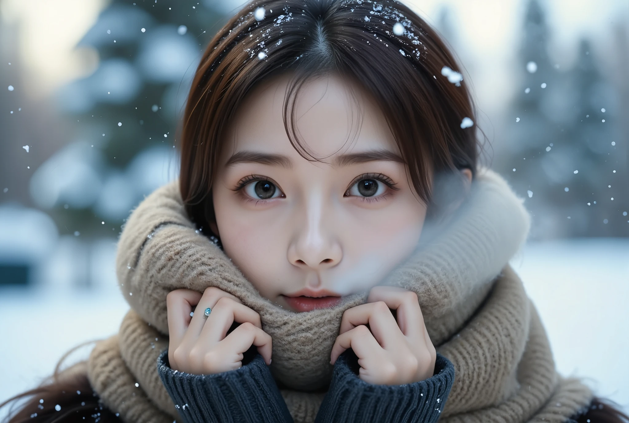 ((UHD , ultra detailed, high quality)),A close-up photo of a cute East-Asian woman standing in the snow, with snowflakes gently falling on her head. She is bundled up in a thick scarf, which she pulls tightly up to her mouth with both hands, trying to stay warm. Her breath is visible in the cold air, creating a soft, white mist around her face. The expression on her face reflects the cold, while the snow and mist enhance the wintery atmosphere.