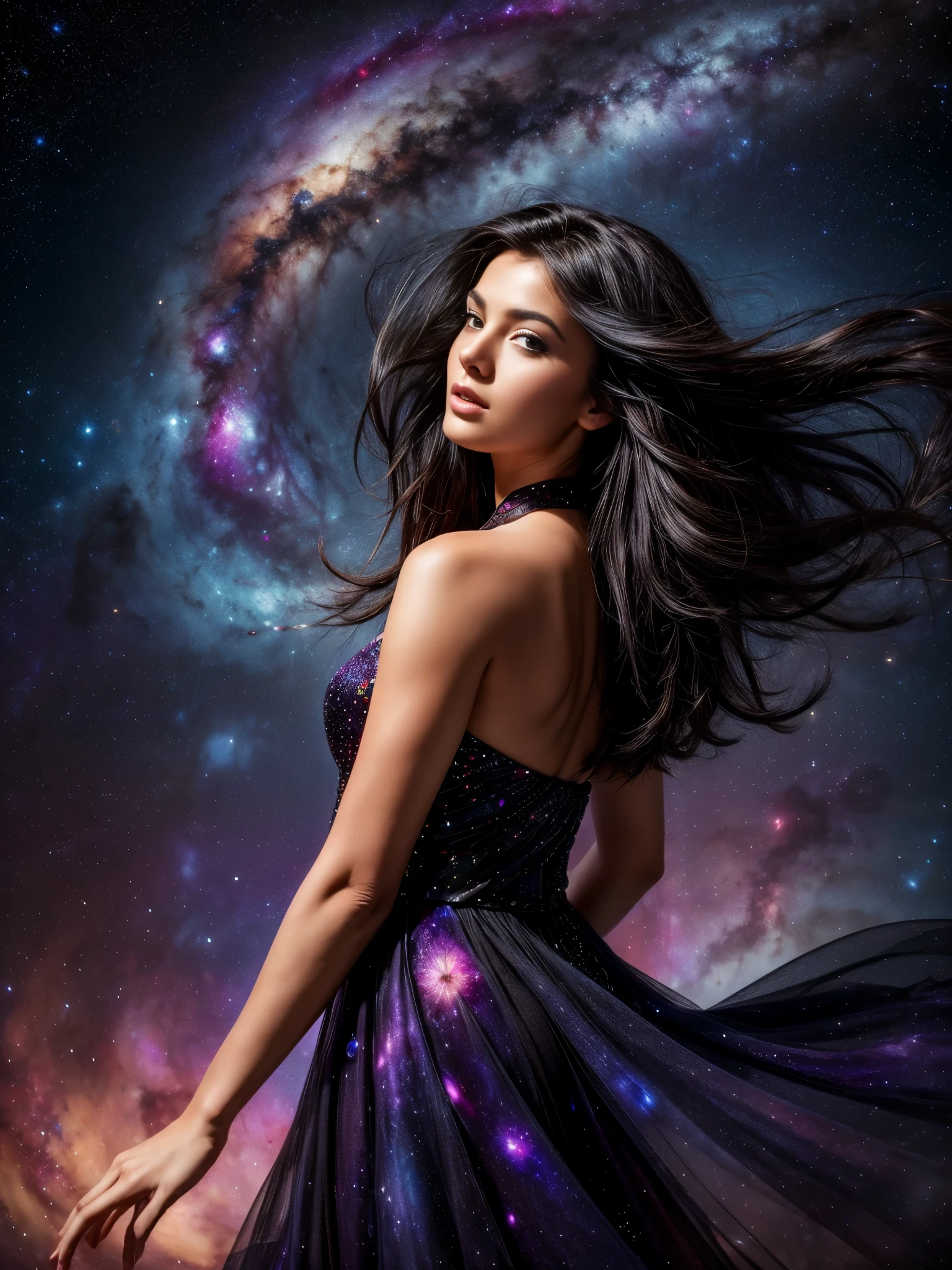 (best quality, masterpiece), 1girl, pose, particle, wind, flower, upper body, simple background, looking at viewer, black wildly hair, cosmic, nebulas, galaxy