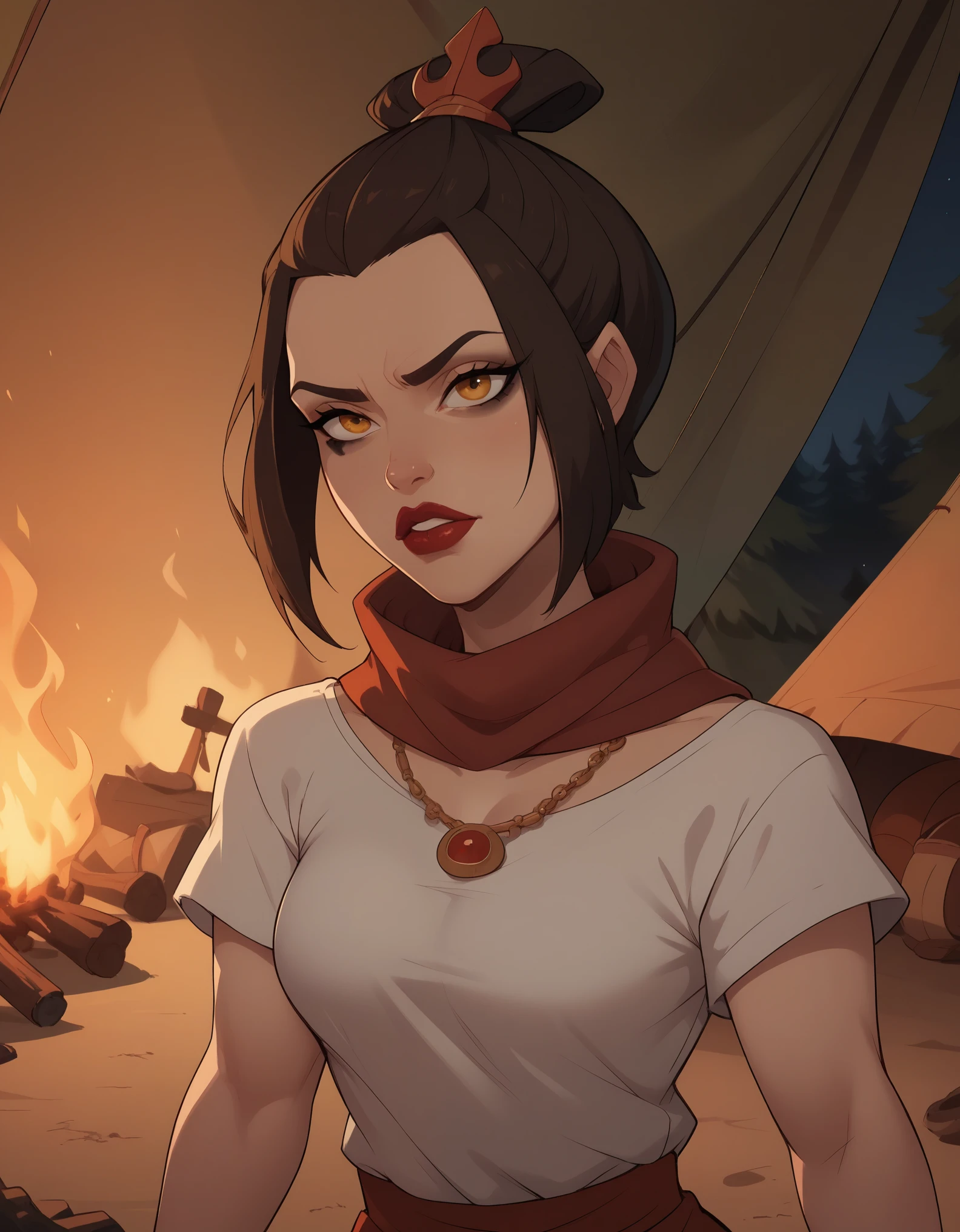 Azula. black mascara and red lipstick.  wavy dark brown hair down to the middle of the back with two additional strands above the shoulders. amber eyes. necklace. camp. tent. fire. night. breeches. undershirt. red scarf