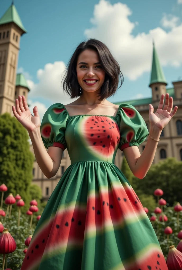 masterpiece photo of a dark-haired full-length sorceress with green eyes dressed in a magical watermelon dress actively says something while gesticulating, a cheerful facial expression, blush, interesting dynamic pose, against the background of college of magic, a rich blue sky with clouds, a lot of vegetation, bright colors, intricate bizarre color combinations, horror