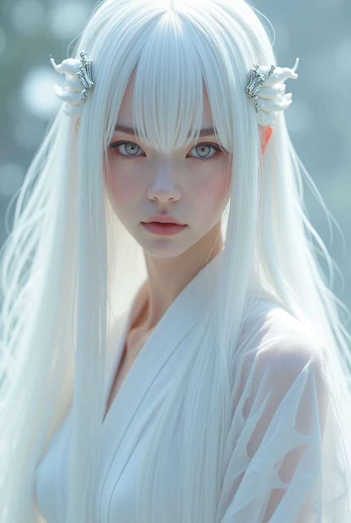 Shinigami, the Goddess of Connection, the Bridge of Life and Death, the Soul of All Life, the Picker, and the Punisher
Clothes:
Shinigami’s kimono is pale and ethereal, with colors that seem to fade into the air around her. The fabric is slightly transparent, offering glimpses of her pale, flawless skin beneath. The design is more traditional, yet it carries an eerie, ghostly beauty. The kimono’s sleeves are long and flowy, resembling the robes of ancient priests or reapers. The subtle eroticism in her attire lies in its delicacy and the way it clings to her form, hinting at the mysteries she embodies.

Appearance:
Shinigami’s hair shifts between shades of grey and silver, as if reflecting the twilight between life and death. Her eyes are pale, almost white, giving her an otherworldly gaze that is both captivating and unsettling. Her lips are a soft, pale pink, and her expression is calm and detached, embodying the inevitability of death. Her fair skin adds to her ethereal presence, making her appear as though she exists on the border between worlds.