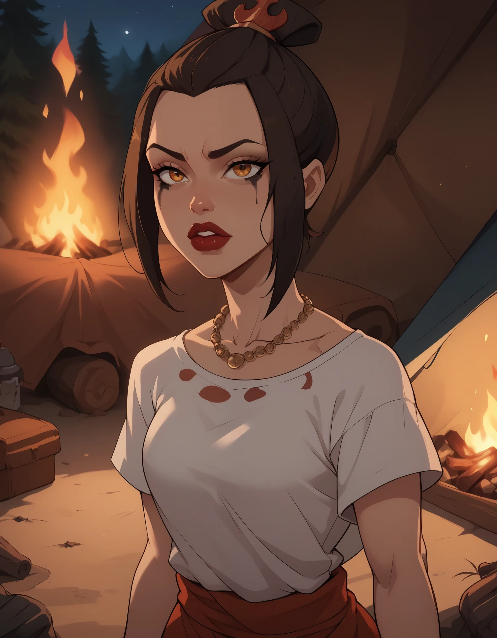 Azula. black mascara and red lipstick.  wavy dark brown hair down to the middle of the back with two additional strands above the shoulders. amber eyes. necklace. camp. tent. fire. night. breeches. undershirt. red scarf