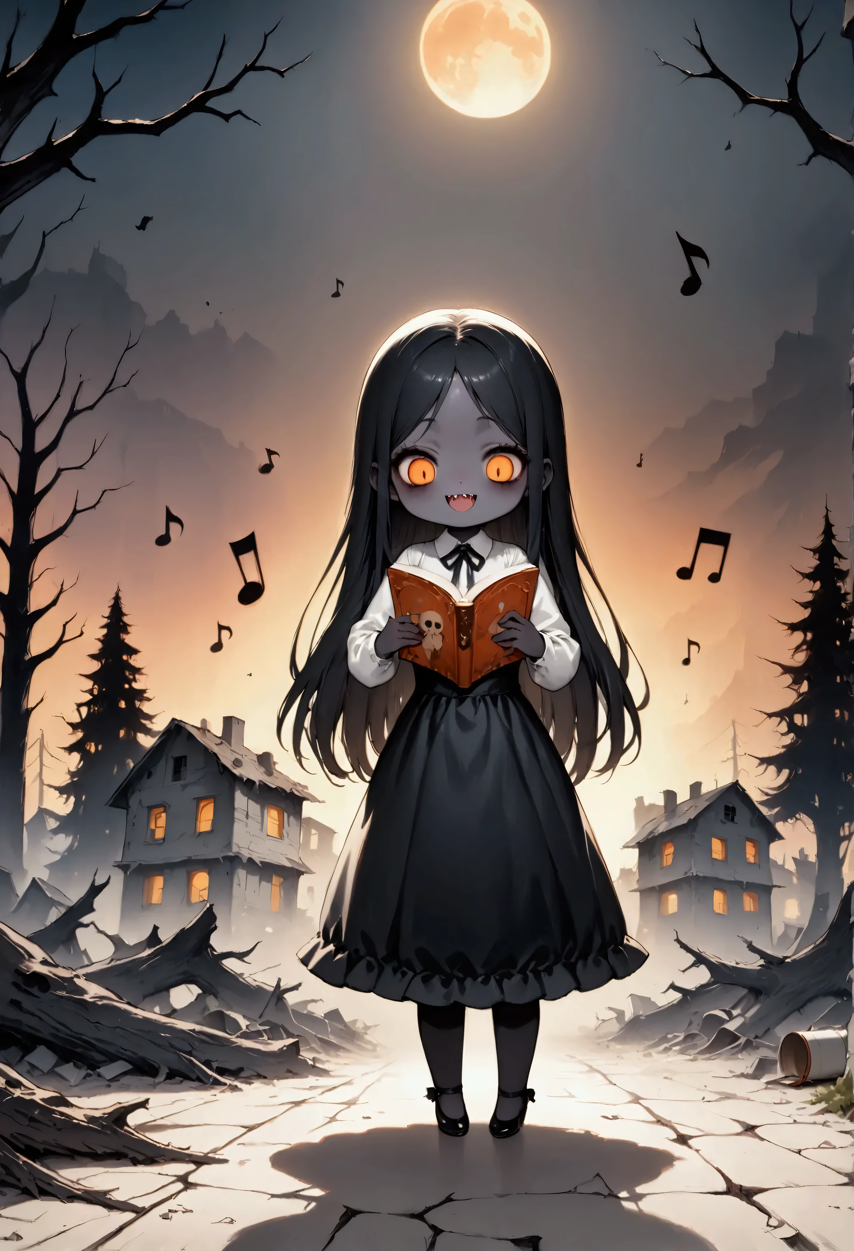 dark filter,,(solo:1.8),1girl\(devil girl,open mouth,sharp teeth,looking down, black long hair,string tie,open forehead, (beautiful straight hair:1.6),[bangs:2.0],[wave hair:2.0],orange eyes,(orange sclera:1.2),cute,(reading book), (smile:1.2),(colorful) music notes,(dancing:1.3),white shirts,(black dress:1.5),(pure black skin:1.3),(chibi:1.3),slim,big eyes,looging down\), background\((dead trees:1.3),(ruined town in distance:1.4), cute horror fantasy, disney-style horror, effects,oil painting style, traditional media, realistic,(horror mood:1.3), BREAK ,quality\(masterpiece, best quality,8k,wallpaper of extremely detailed CG unit, high resolution, top-quality, top-quality real texture skin, hyper realistic, increase the resolution, RAW photos, best quality, highly detailed, the wallpaper,golden ratio,high saturation realism, vibrant colors, dramatic lighting, persuasive storytelling, atmospheric scenery, captivating visuals, intricate details, strong emotions,dreamlike world\),