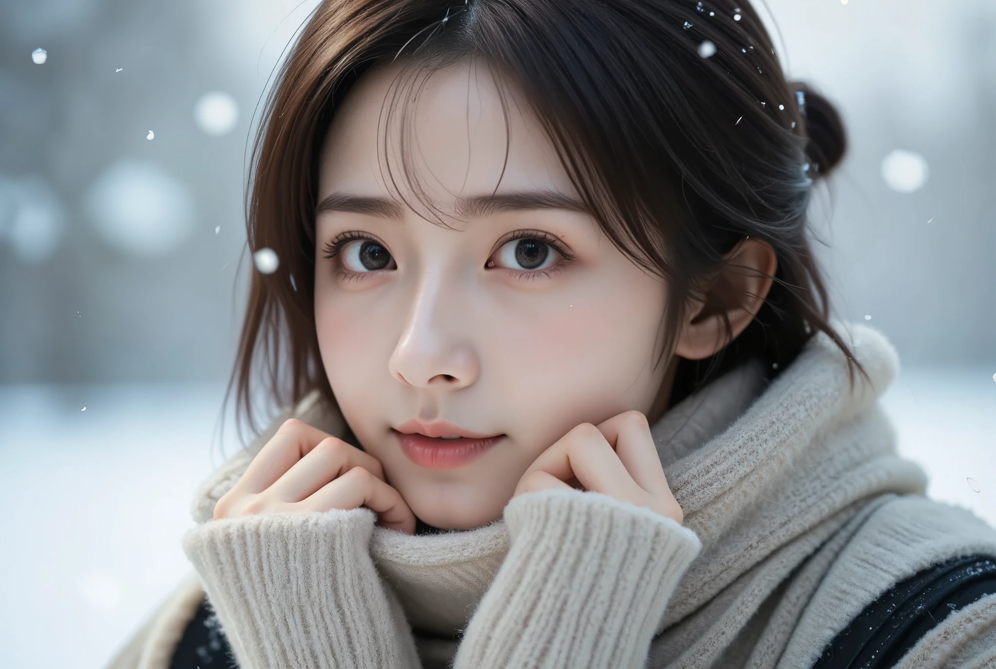 ((UHD , ultra detailed, high quality)),A close-up photo of a cute East-Asian woman standing in the snow, with snowflakes gently falling on her head. She is bundled up in a thick scarf, which she pulls tightly up to her mouth with both hands, trying to stay warm. Her eyes are tightly shut from the cold, and her breath is visible in the cold air, creating a soft, white mist around her face. She slightly shrugs her shoulders and pulls her neck inward to brace against the cold, enhancing the sense of chill in the scene. The snow and mist complete the wintery atmosphere.
