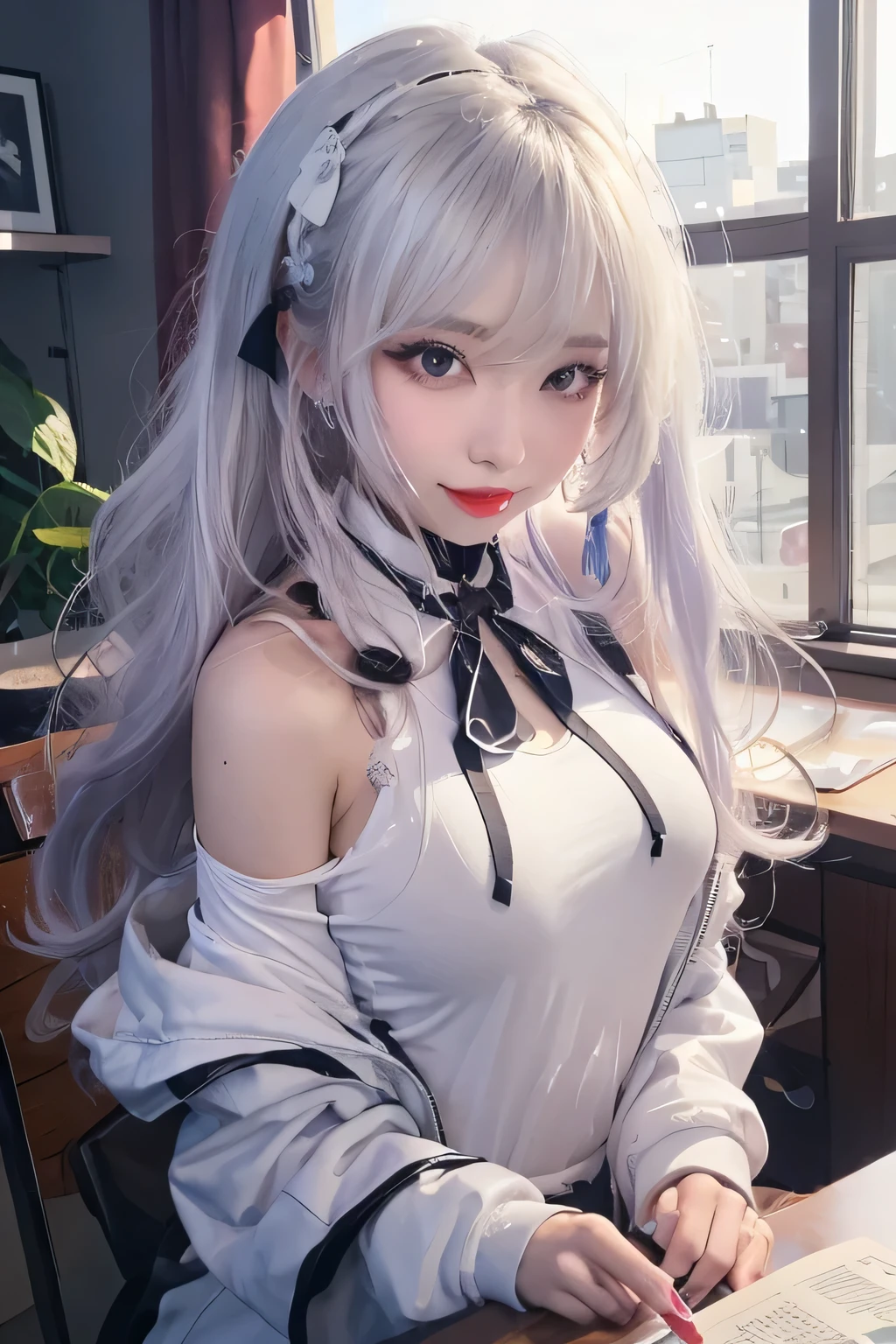 Anime girl sitting on floor with long white hair holding cell phone, from girls frontline, Kantai collection style, Fine details. Girl Front, girls frontline style, seductive anime girls, (sfv) safe to work, Girls Frontline CG, azur lane style, the anime girl is crouching, thicc, Girl Front, beautiful anime girl crouching