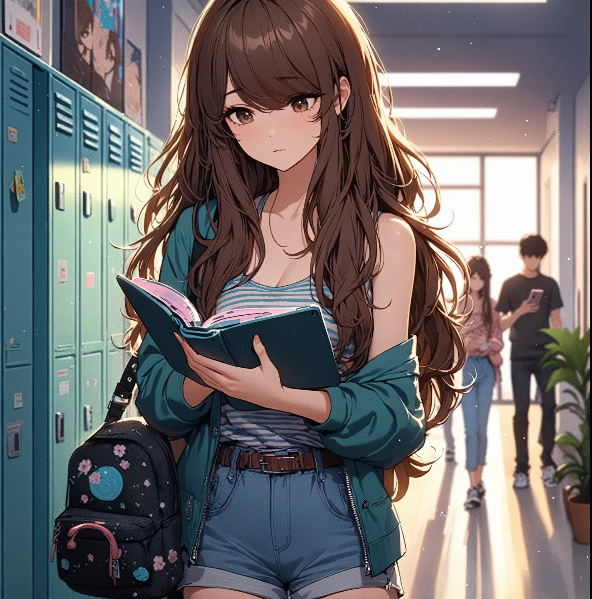 Anime girl with long brown hair holding a book in a hallway - SeaArt AI