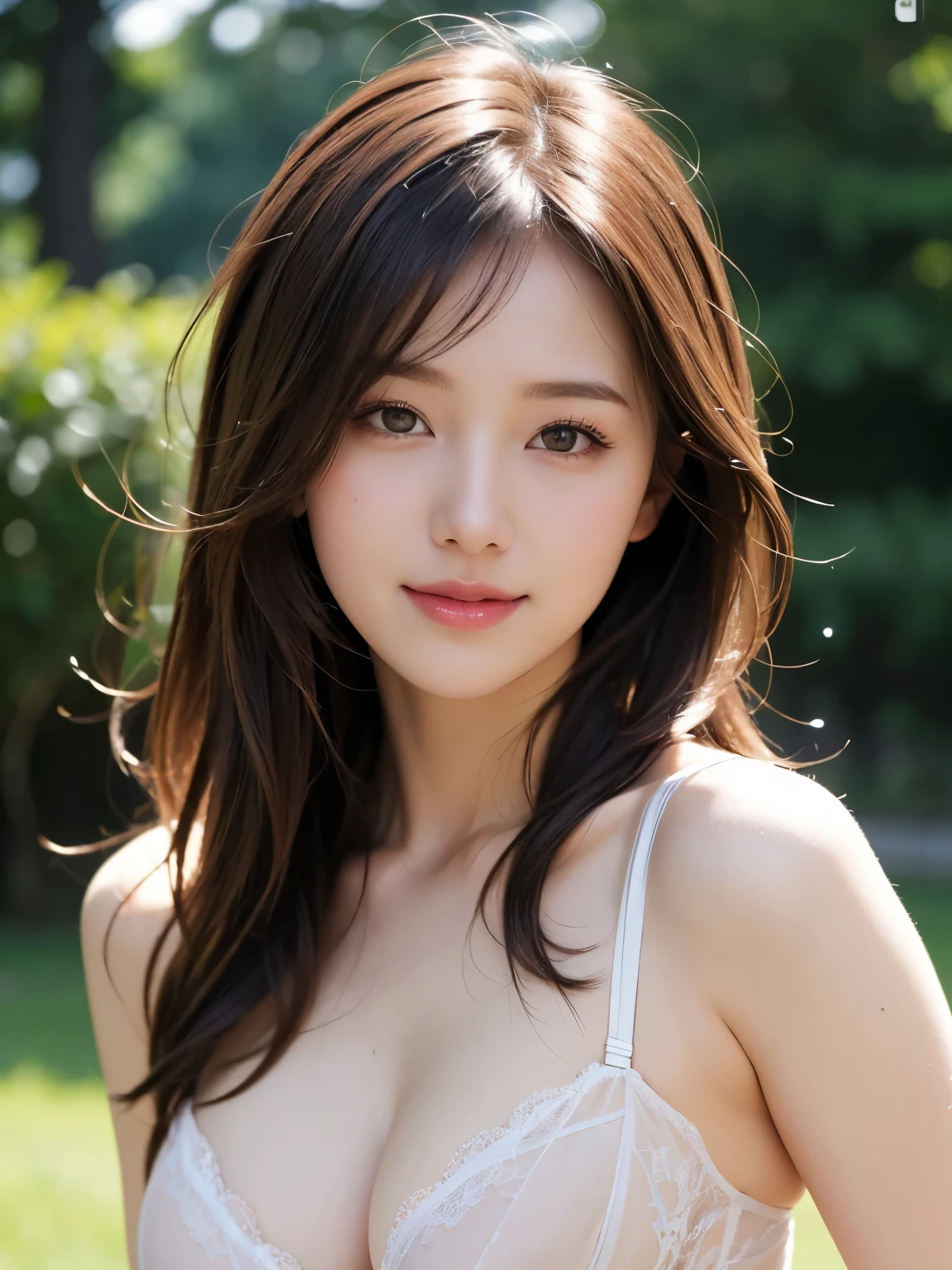 (Realistic, High quality, RAW Photos), natural light:1.3, soft light, Beautiful face, happy face, Glamorous Body, cute eyes, Large breasts:1.3, Brown eyes:1.2, random hair style, cloudiness day, Beautifully designed lingerie, random colored lingerie, dynamic pose, looling at viewer, dynamic angle
