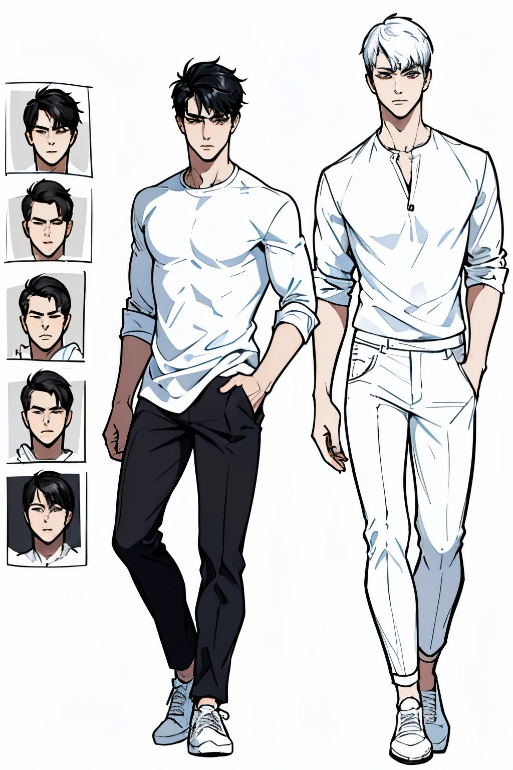 (((masterpiece))), ultra detailed, 4K, 8K, 32K, intricate, (((1boy))), ((black hair)), ((no background)), (((character sheet))), ((Character Concept Art)) white background, detailed eyes, ((loose white shirt)), ((black pants)), ((white shoes)), handsome young man, 20 year old, (((same character))), dynamic pose, anatomically correct hands, modern clothing, detailed clothes, (slender body), (((stylish haircut))), (best quality), head close-up