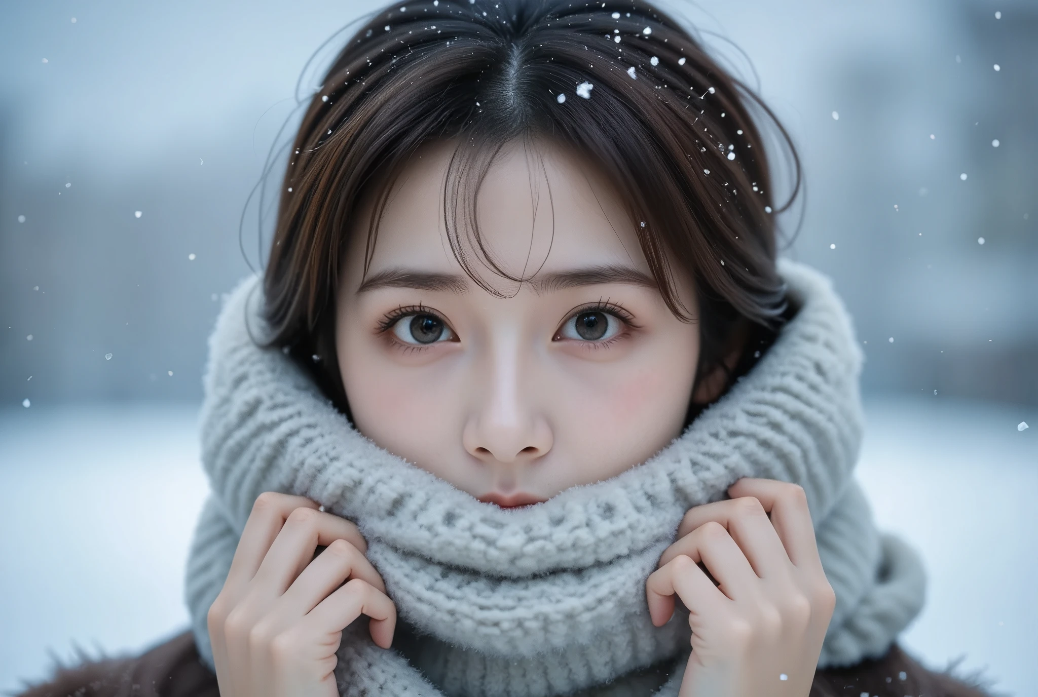 ((UHD , ultra detailed, high quality)),A close-up photo of a cute East-Asian woman standing in the snow, with snowflakes gently falling on her head. She is bundled up in a thick scarf, which she pulls tightly up to her mouth with both hands, trying to stay warm. Her eyes are tightly shut from the cold, and her breath is visible in the cold air, creating a soft, white mist around her face. She slightly shrugs her shoulders and pulls her neck inward to brace against the cold, enhancing the sense of chill in the scene. The snow and mist complete the wintery atmosphere.
