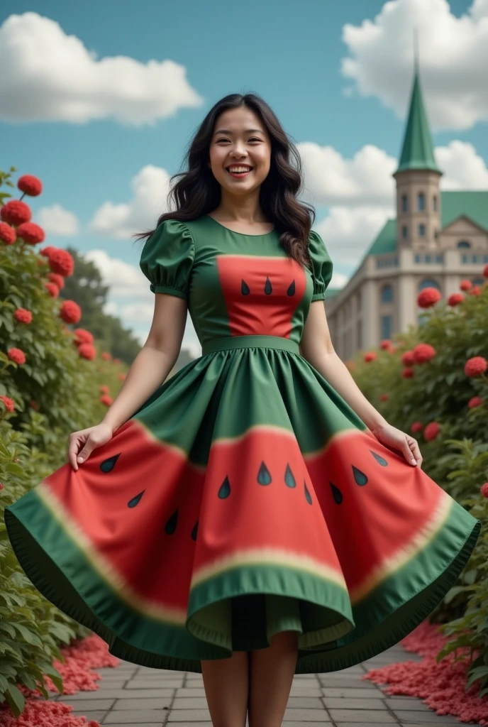 masterpiece photo of a dark-haired full-length sorceress with green eyes dressed in a magical watermelon dress actively says something while gesticulating, a cheerful facial expression, blush, unusual pose, against the background of college of magic, a rich blue sky with clouds, a lot of vegetation, bright colors, intricate bizarre color combinations, horror