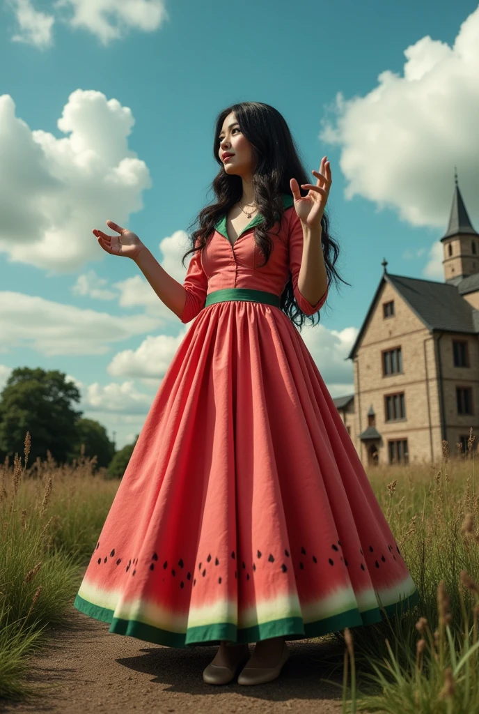 masterpiece photo of a dark-haired full-length sorceress with green eyes dressed in a magical watermelon dress actively says something while gesticulating, a cheerful facial expression, blush, unusual pose, against the background of college of magic, a rich blue sky with clouds, a lot of vegetation, bright colors, intricate bizarre color combinations, horror